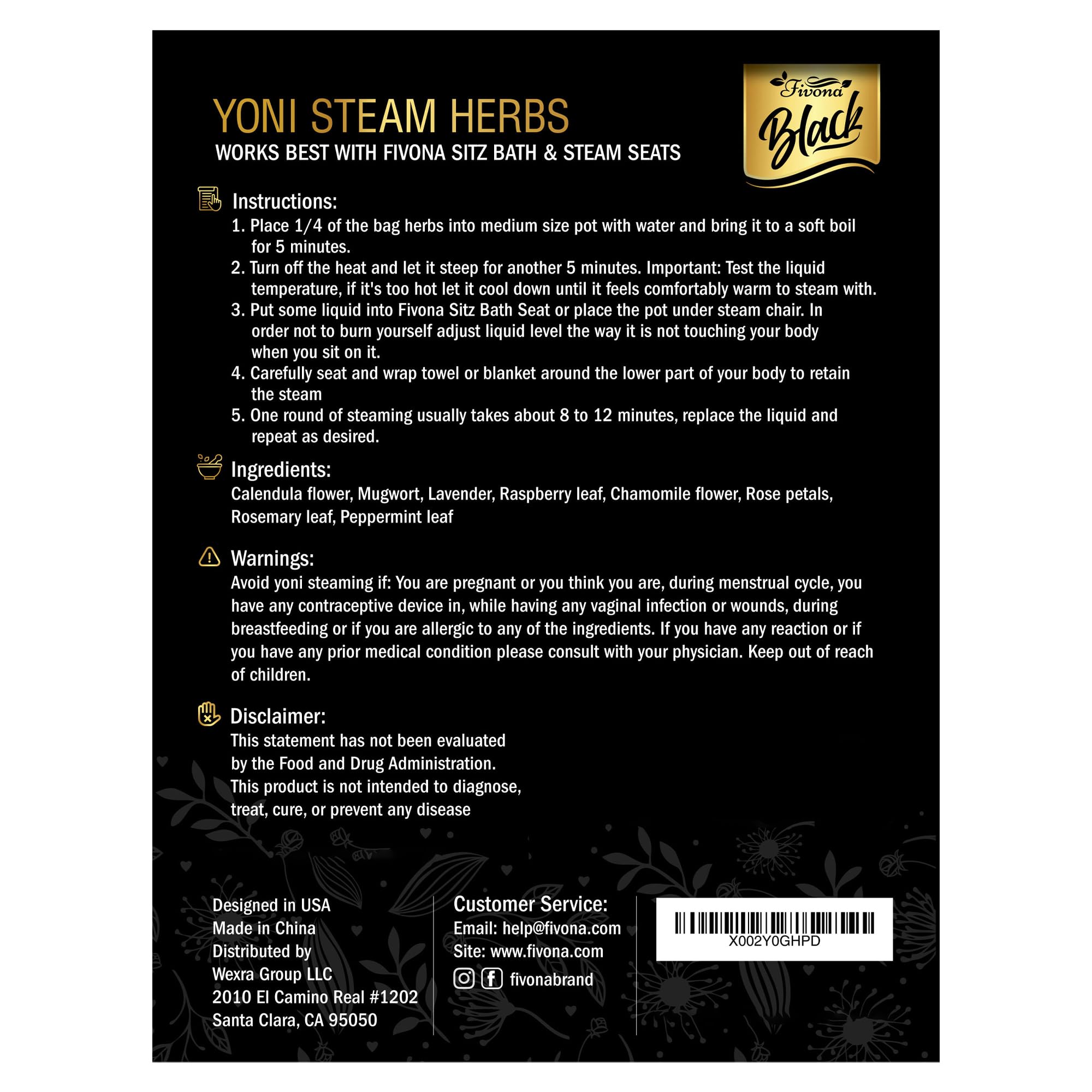 Fivona Black Yoni Steam Herbs All Natural Feminine V SPA for Detox, Cleanse, Odor and PH Balance