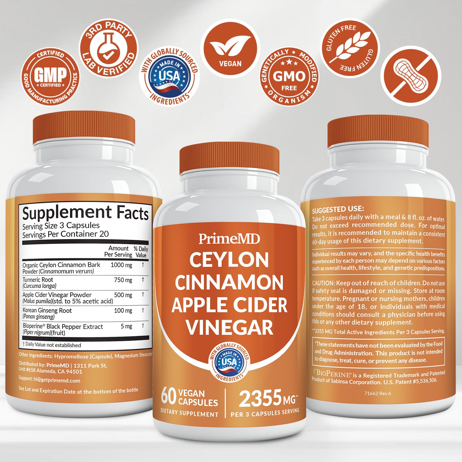 5-in-1 Ceylon Cinnamon Capsules 2355mg - Ceylon Cinnamon and Apple Cider Vinegar with Turmeric, Panax Ginseng, Cinnamon, and Bioperine, 60ct