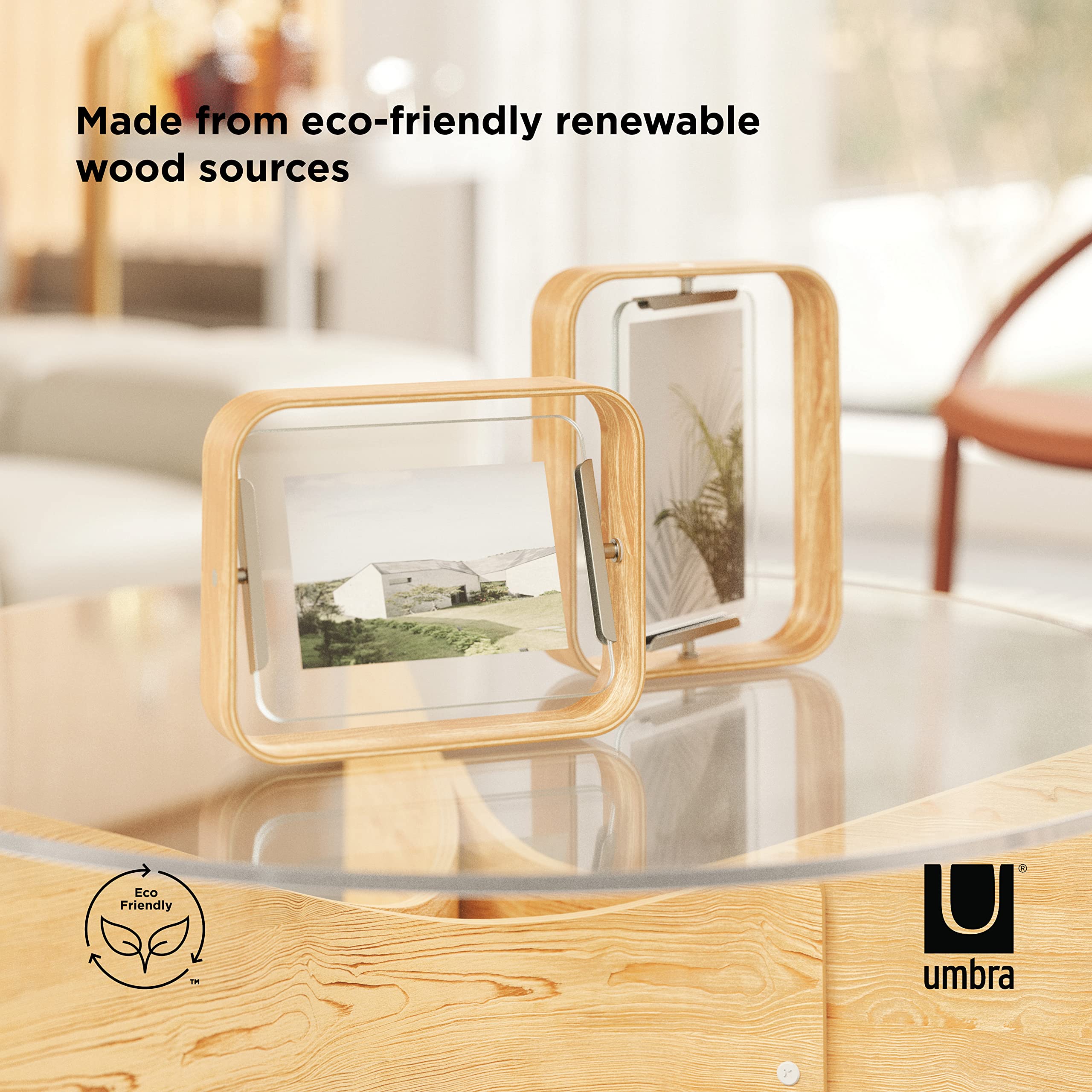 Umbra Bellwood Desk Frame, Rotating Floating Picture Frame, Horizontal or Vertical, 4x6in, Natural