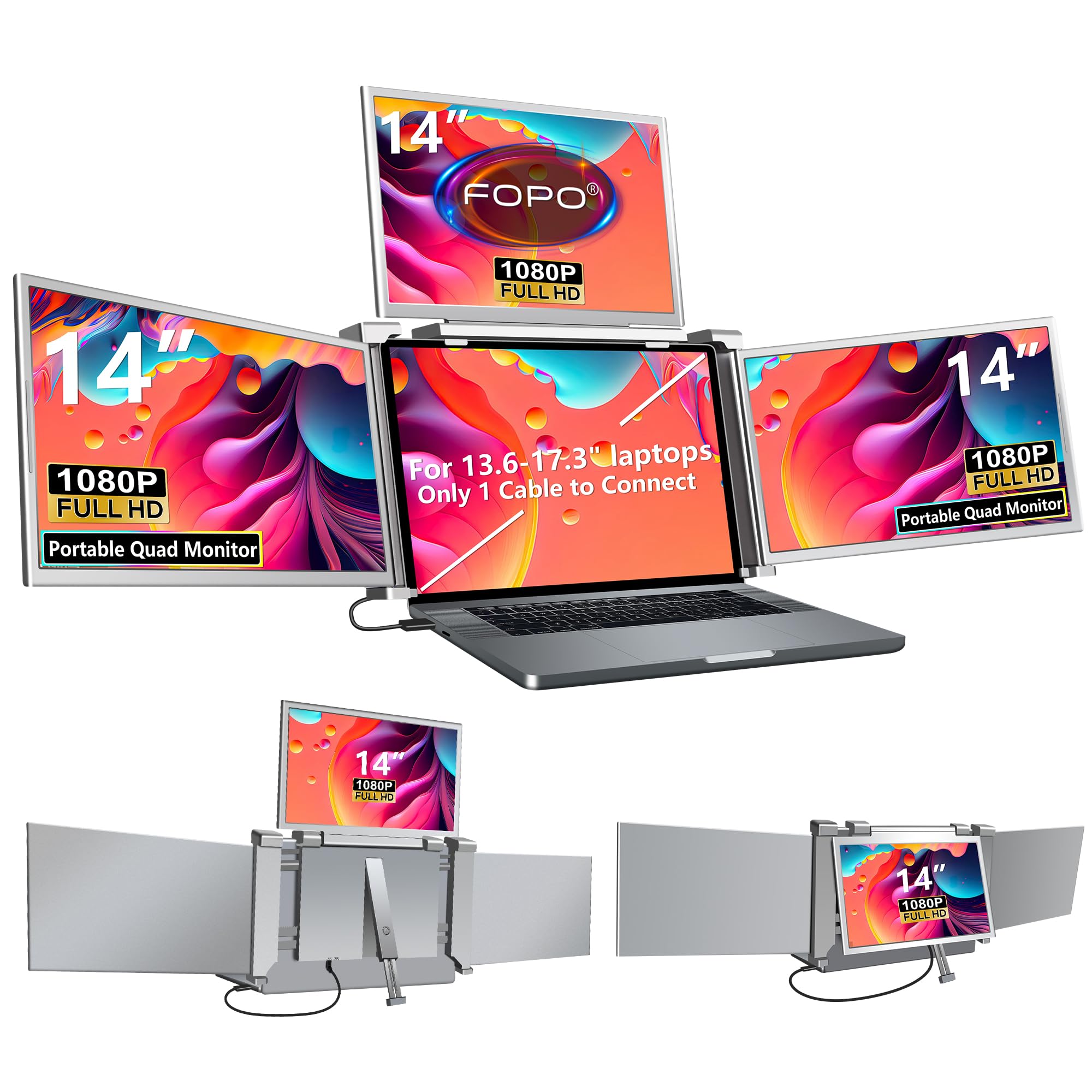 FOPO 14" Laptop Screen Extender Monitor Portable, Quad Monitor, Just 1 Cable for 3 Screens, FHD 1080P IPS Monitor Extender Compatible with Wins/Mac(M1 M2 M3) for 13.6" -17.3" Laptops