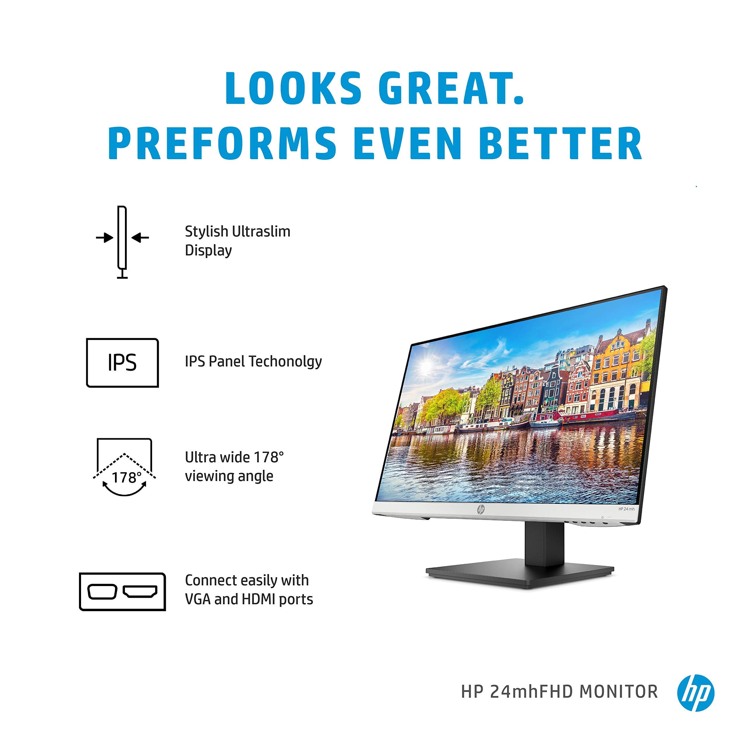 HP 24mh FHD Computer Monitor with 23.8-Inch IPS Display (1080p) - Built-In Speakers and VESA Mounting - Height/Tilt Adjustment for Ergonomic Viewing - HDMI and DisplayPort - (1D0J9AA#ABA)
