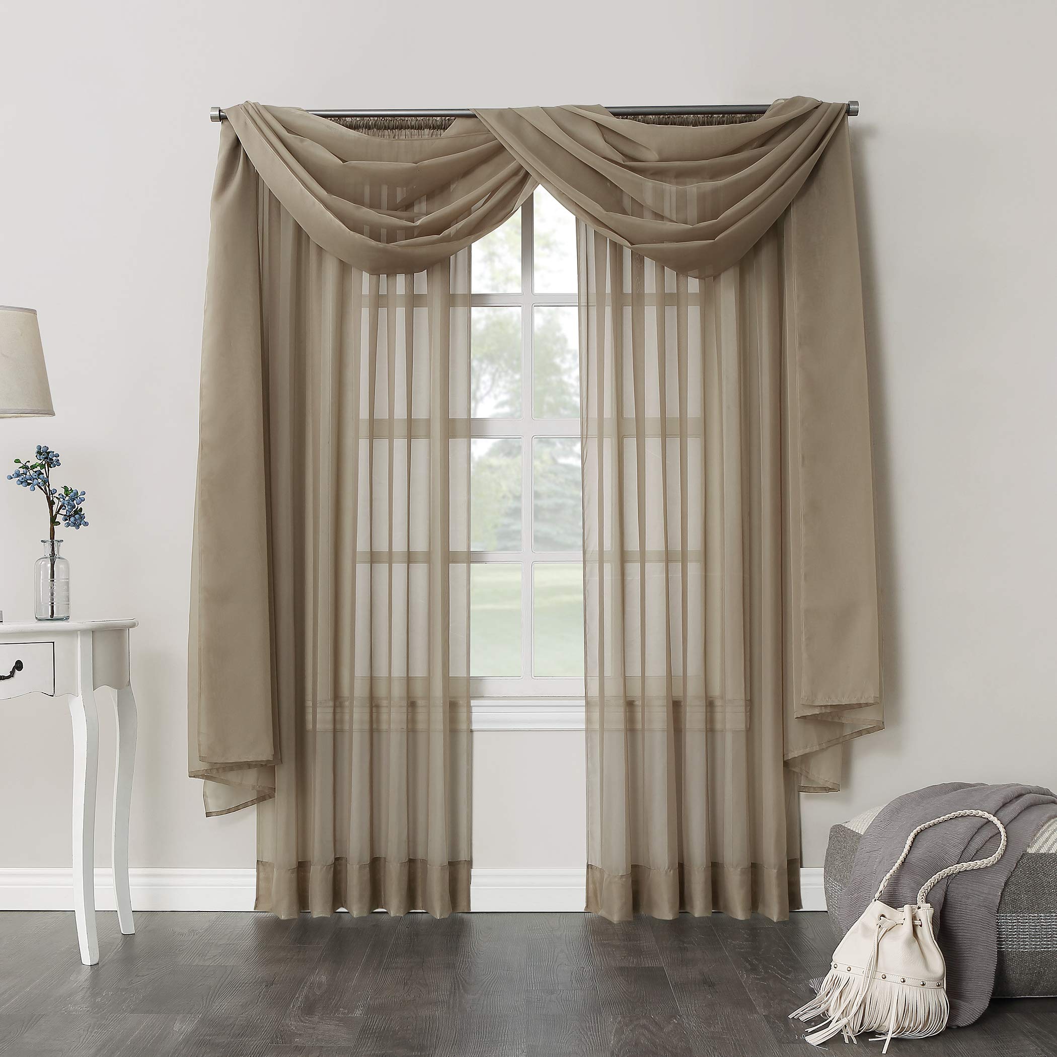 No. 918 53566 Emily Sheer Voile Rod Pocket Curtain Panel, Valance Scarf, Taupe 59" x 216"