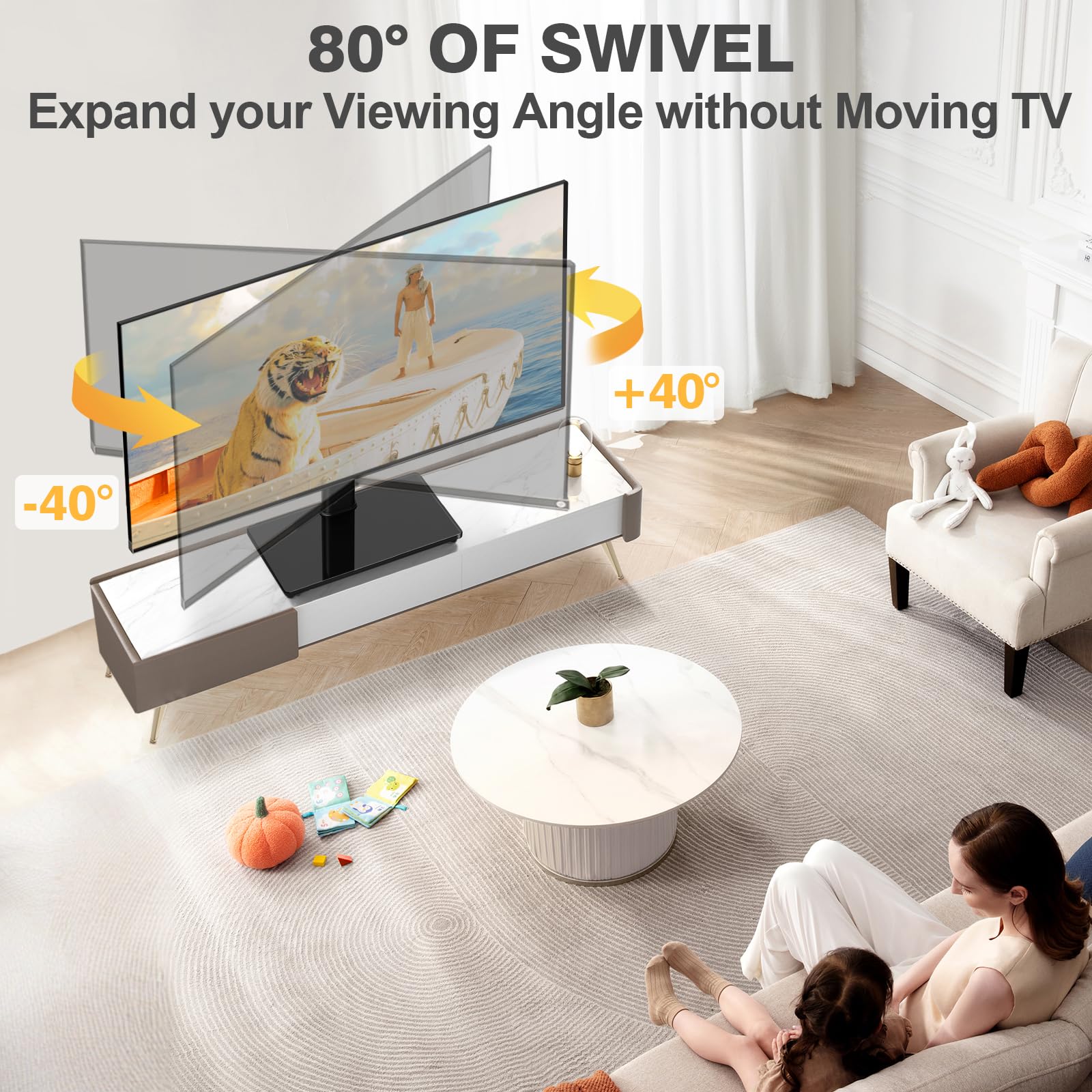 TVON Universal TV Stand Base, Swivel Table Top TV Stand for 20-43 inch TVs/Monitors with 4 Level Height Adjustment and Tempered Glass Base, Holds up to 88 Lbs, VESA 200x200mm