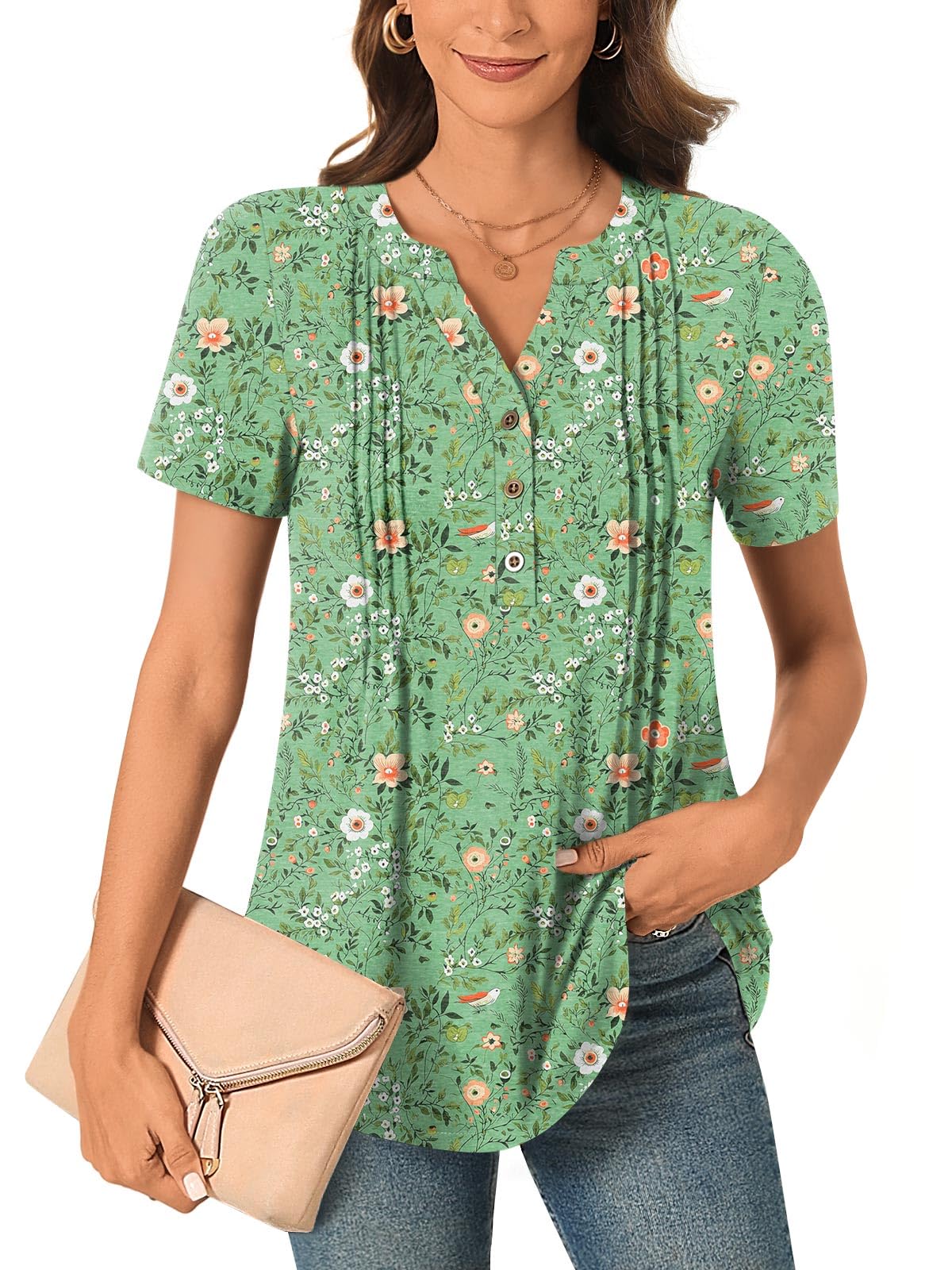Bestbee Womens Summer Tops Short Sleeve Tunics Dressy Casual Blouses 2025 Henley Neck Button-Down Shirts, L, Green flowers