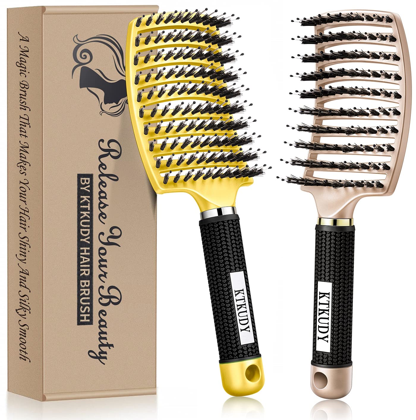 KTKUDY Detangling Brush Getting Knots Out without Pain - Boar Bristles Hair Brush Make Hair Shiny & Healthier Vented Detangler Brush for Women Men Kids Wet and Dry Hair (Yellow & Gold)