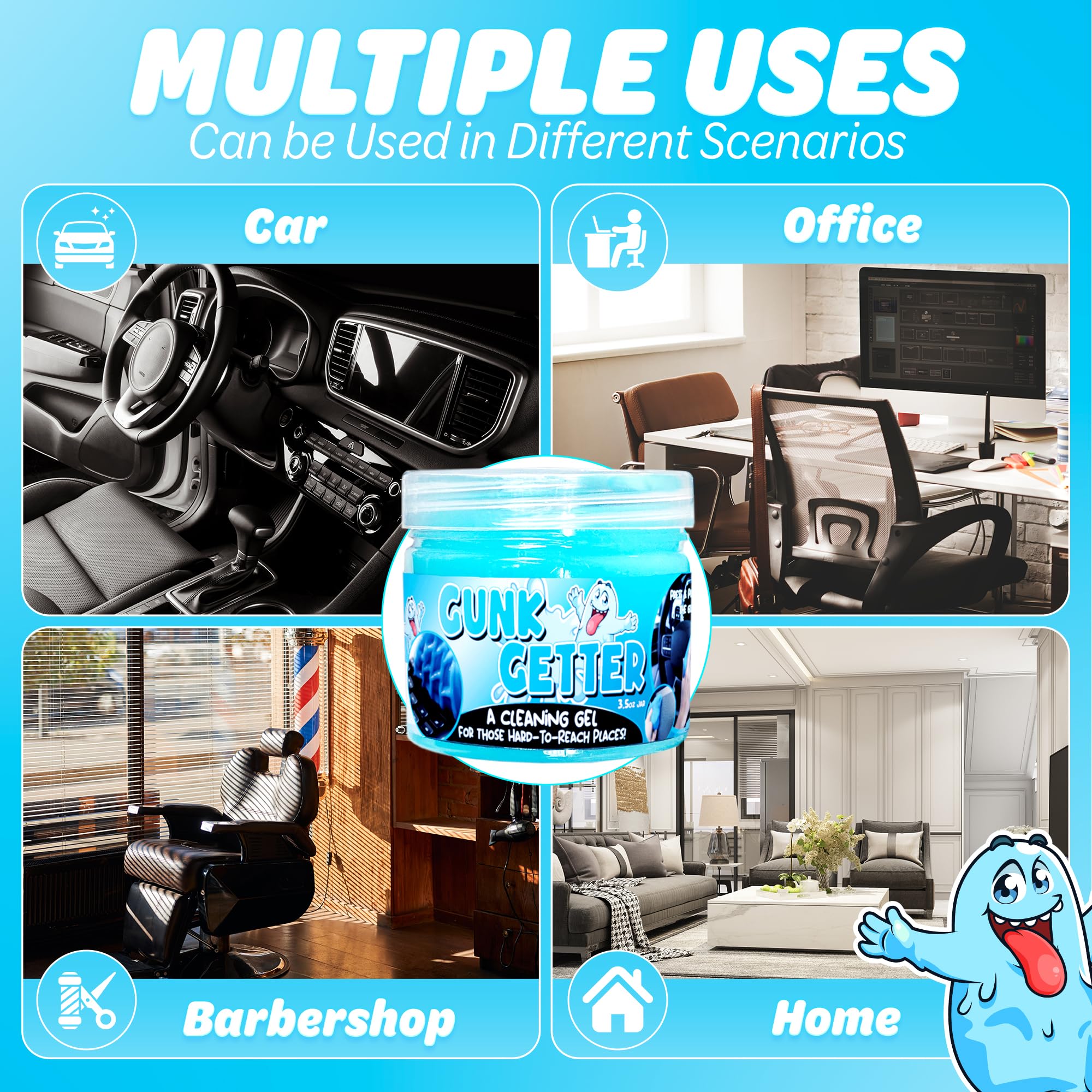 Gunk Getter 12 PACK Cleaning Gel for Those Hard to Reach Places, Automotive Cup Holder Electronic Keyboard Office, Slime Gel Cleaner Dust Crumb Removal (Jar, Blue, 3.5oz)