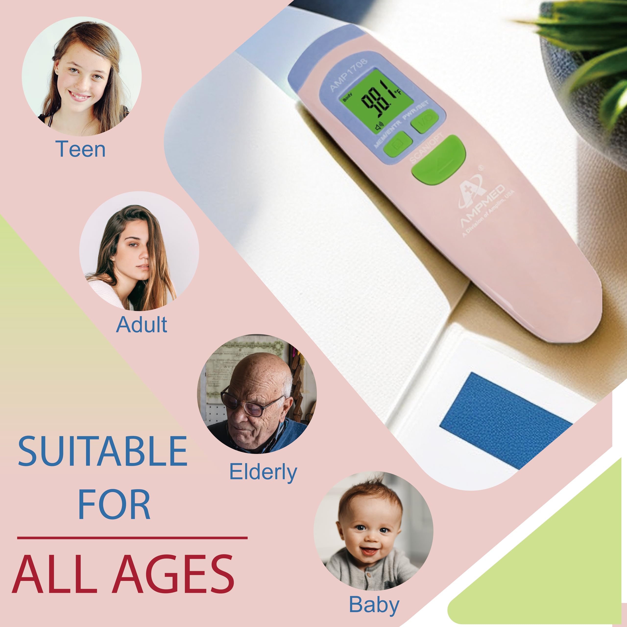 Amplim Ampmed Non Contact/No Touch Digital Forehead Thermometer for Adults, Kids, and Babies, Touchless Temporal Thermometer with Storage Case. FSA HSA Approved - Pink