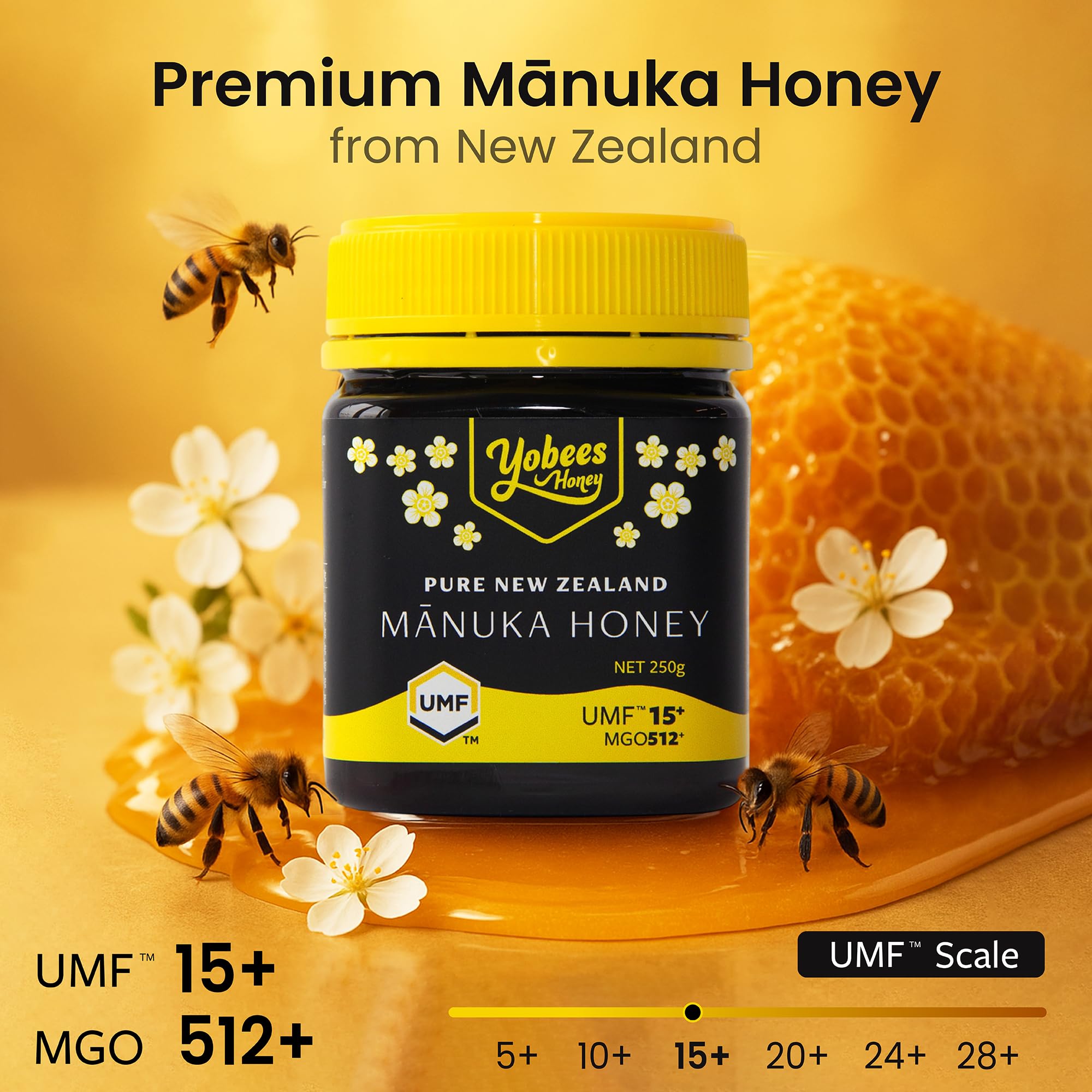 Yobees Honey Raw and unpasteurized New Zealand Manuka Honey Organic | MGO 512+ / Certified UMF 15+ | 8.8oz