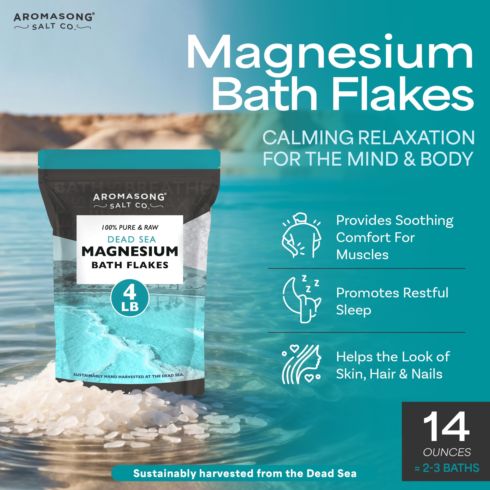Aromasong Magnesium Flakes for Bath from The Dead Sea- 4 LB Resealable Pack Magnesium Chloride Flakes -Organic Bath Salt Relaxing Mineral Soak (Packaging May Vary)