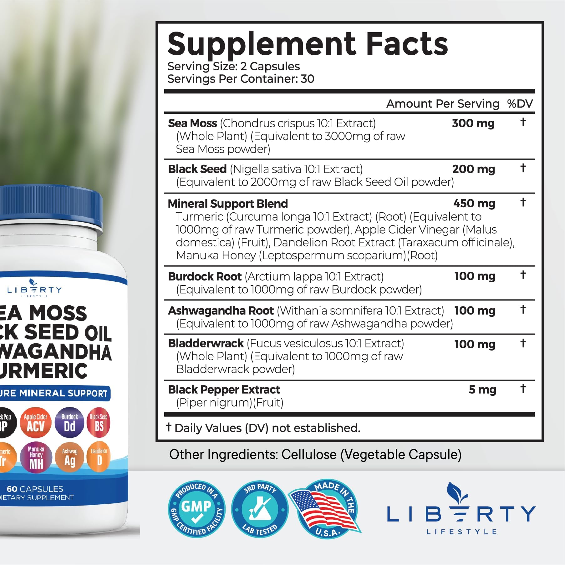 Liberty Lifestyle Sea Moss Black Seed Oil Ashwagandha Turmeric Bladderwrack Burdock - with Manuka, Honey Dandelion, ACV Black Pepper Gluten Free - 2-Pack