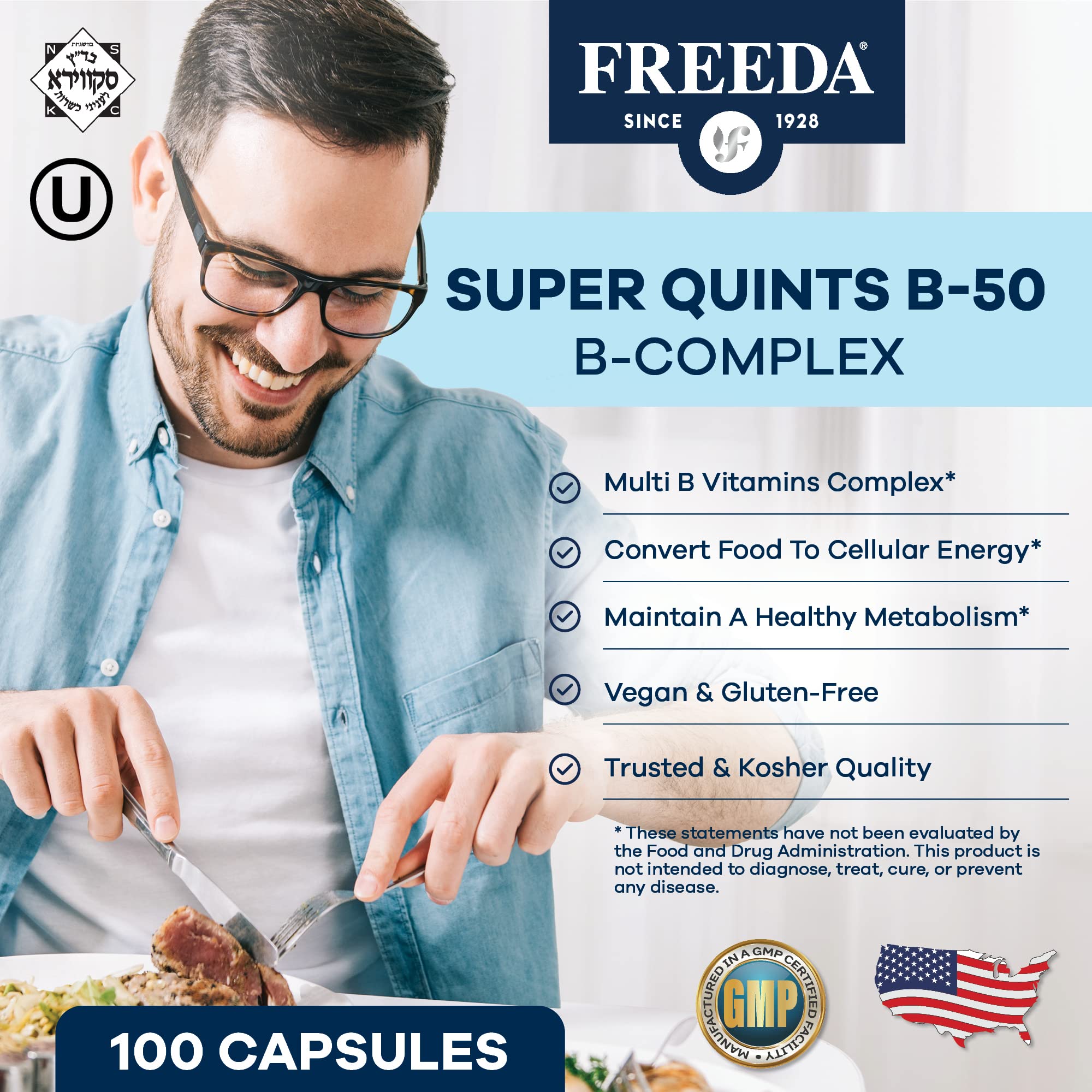 FREEDA Vitamin B Complex - Super Quints B-50 - Kosher Super B Complex Vitamin Supplement for Women & Men with Vitamin B1 Vitamin B2 Vitamin B3 Vitamin B6 Vitamin B12 Plus Folic Acid, 100 Capsules