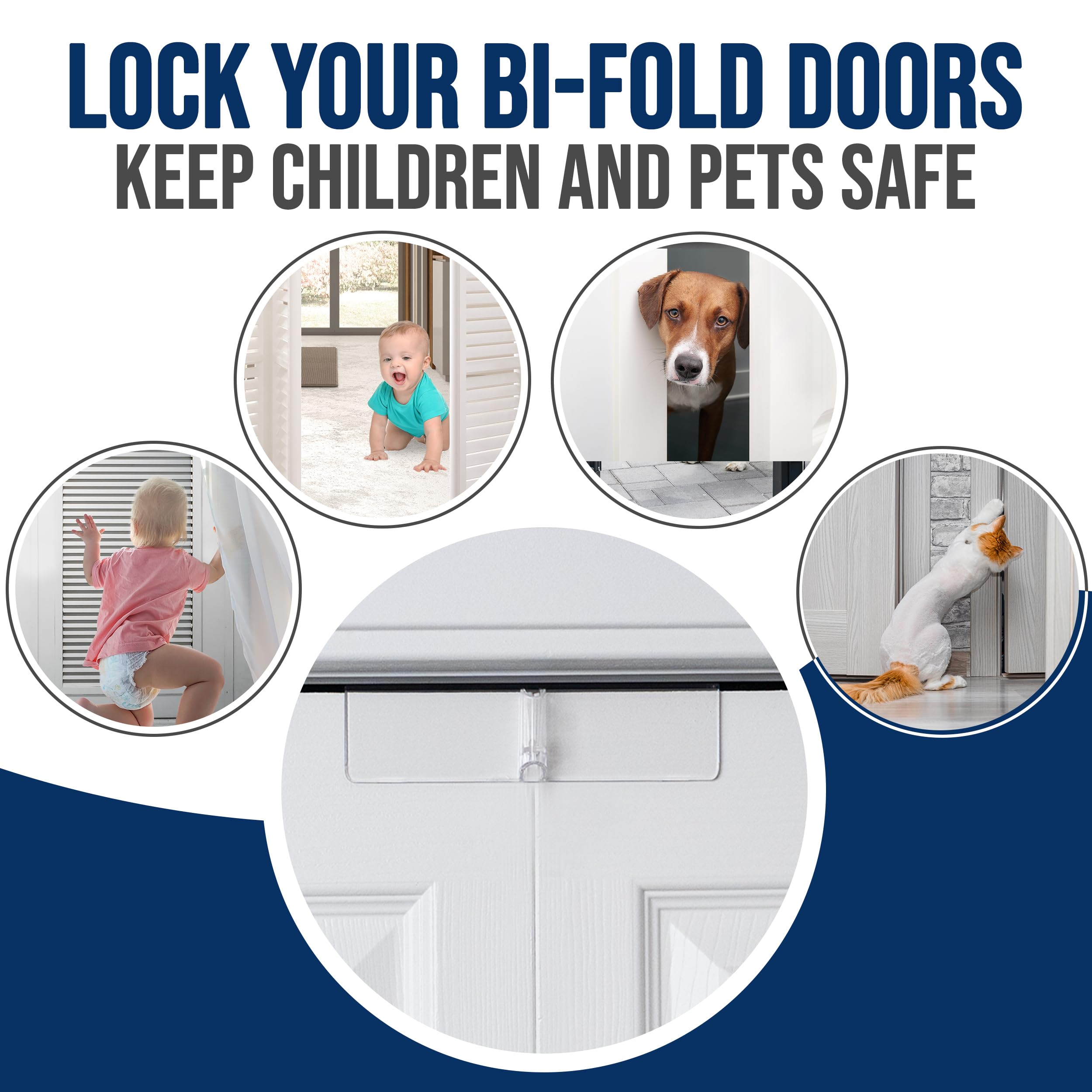 (4- Pack) - Safety Innovations Bi-fold Door Lock - Closet Protection Child and Pet Proof Bi-fold Door Lock - Tool-Free Installation - Unbreakable Clear Polycarbonate - for 1 3/8" Thick Wood Doors