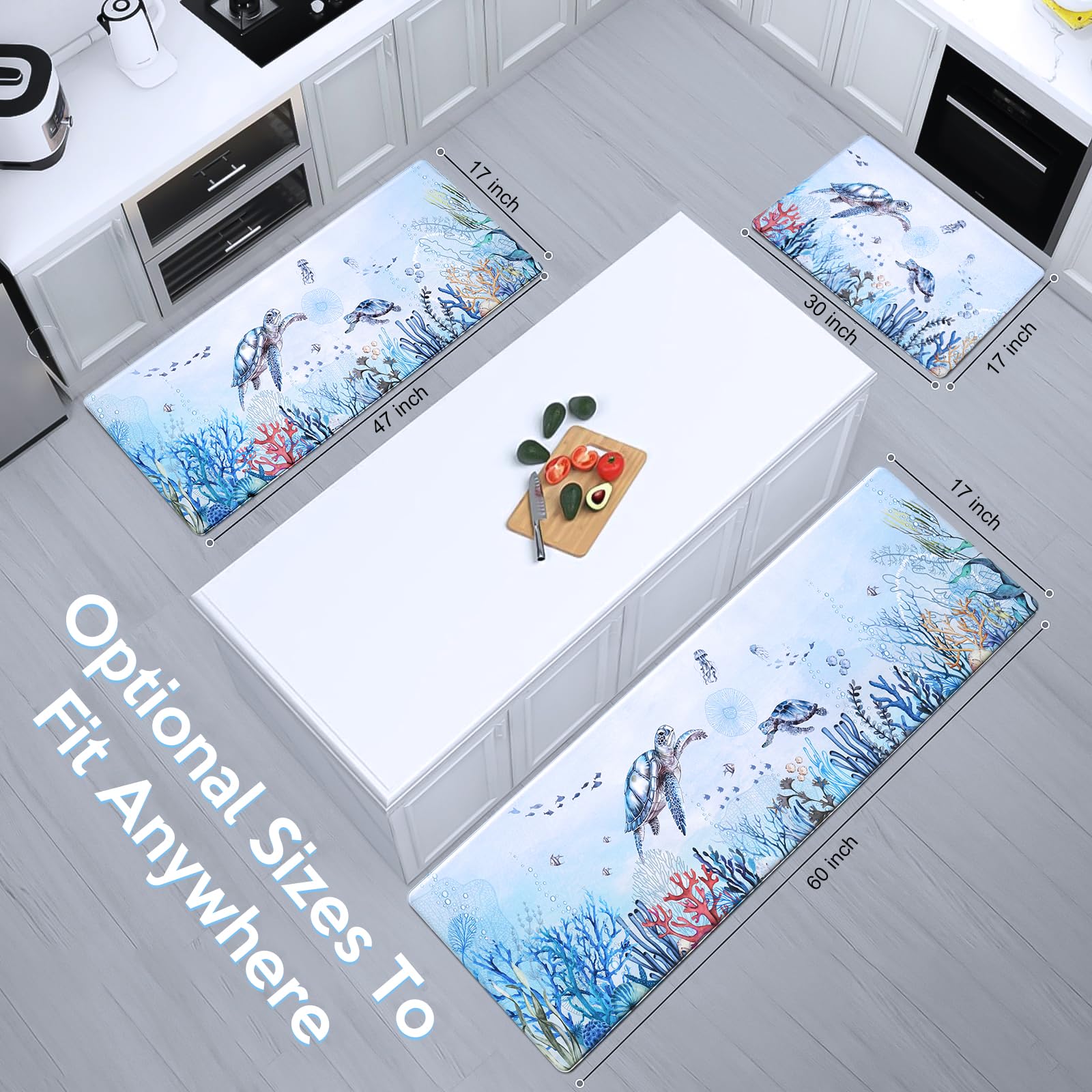 ASPMIZ Ocean Kitchen Rugs Sets of 3 Non Slip Washable, Sea Turtle Anti Fatigue Kitchen Mat Cushioned, Waterproof Nautical Coral Kitchen Floor Mats Runner Rug, 17'' x 60'' + 17'' x 47'' + 17'' x 30''
