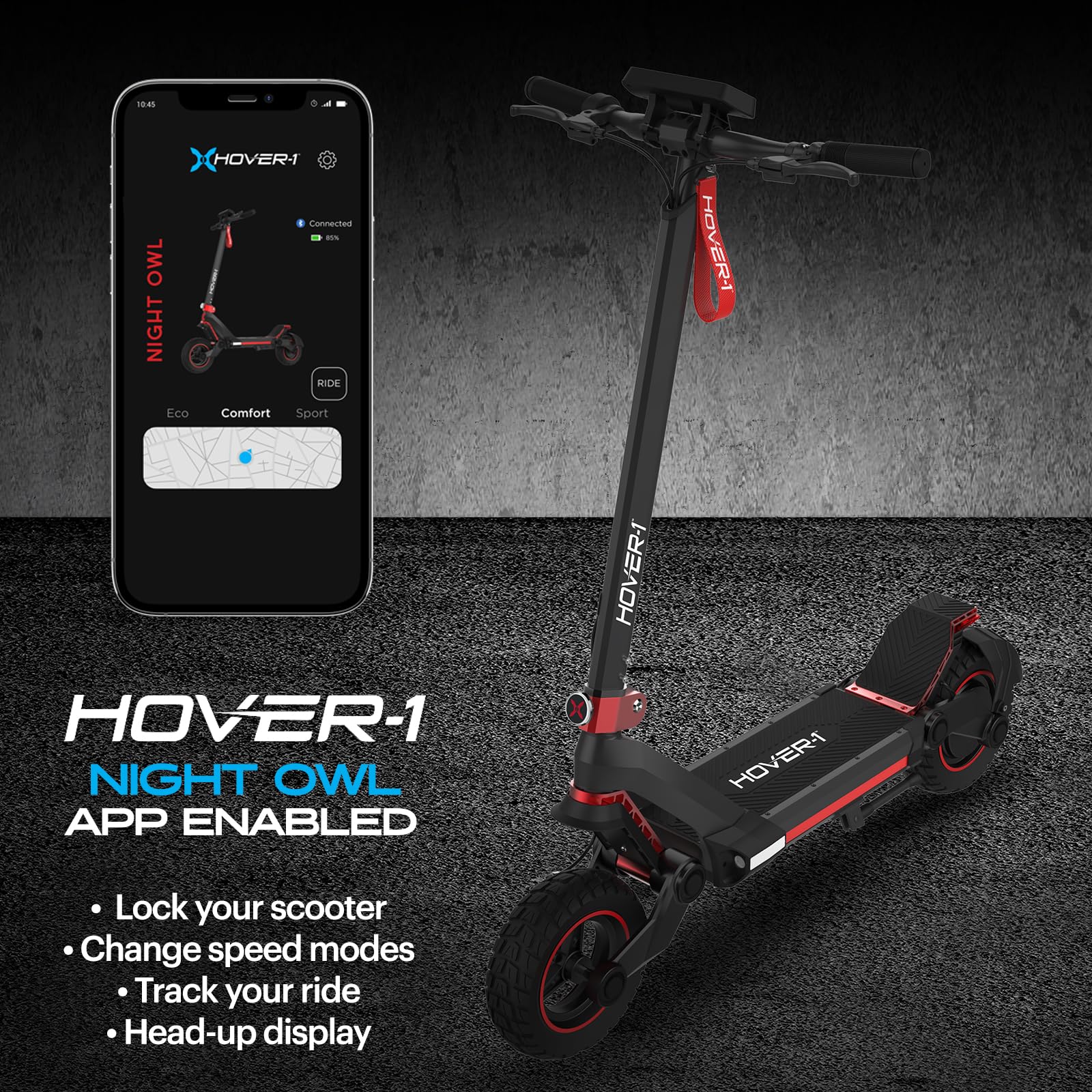 Hover-1 Night Owl Electric Folding Scooter, 31 MPH Top Speed, 37 Mile Range, 1200 Watts Max Power, 10.5” Offroad Tires, Dual Disc Brakes, Front & Rear Suspension Motorized Scooter for Adults & Teens