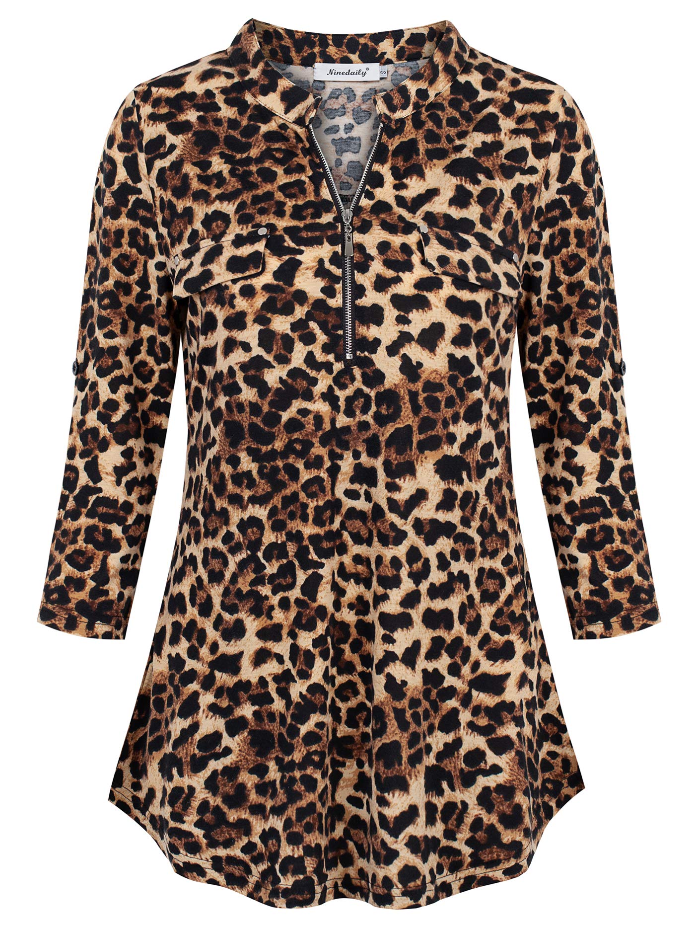 Ninedaily Leopard Print Tops for Women Short Sleeve, Summer Tops for Women 2024 Tunic Shirts Zip-up Plaid Tops Casual Tunic Blouse,Leopard Print Tops Size XL