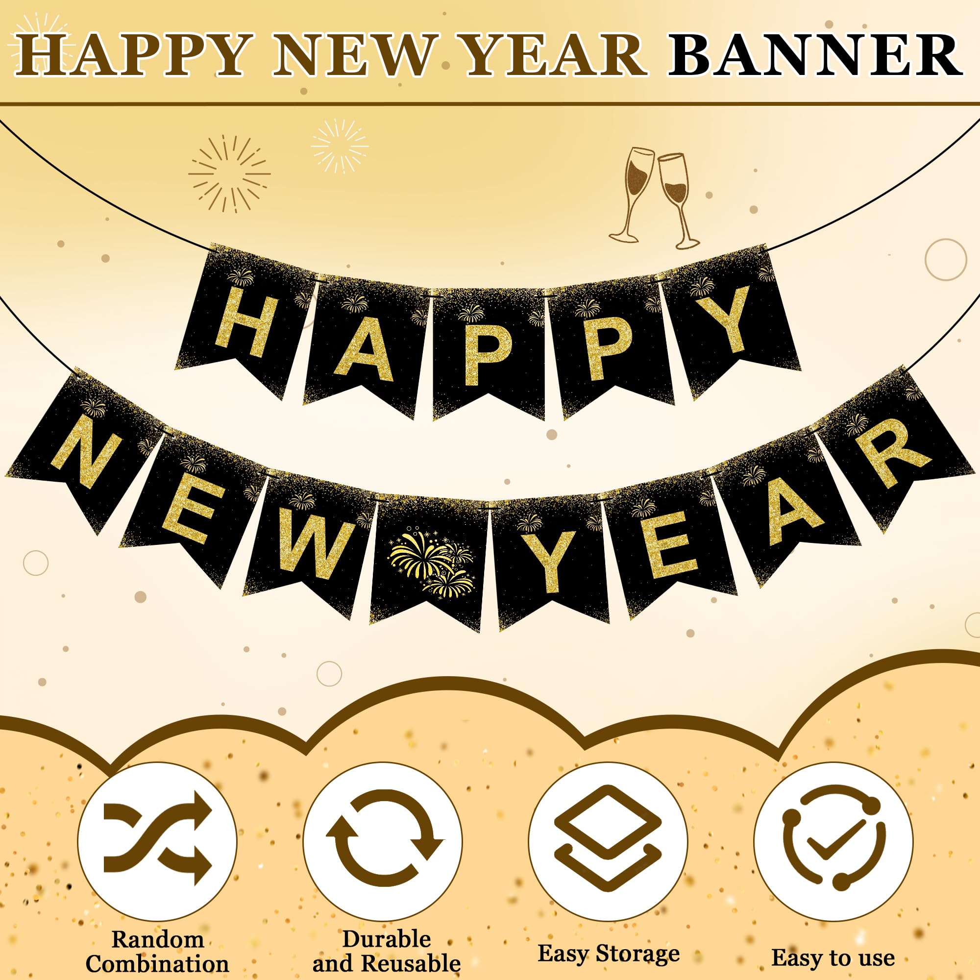 OHOME New Years Decorations 2025 - Happy New Year Banner - New Years Eve Party Supplies - Happy New Year Decorations 2025 | New Years Decorations | New Years Eve Decorations | New Years Party Supplies