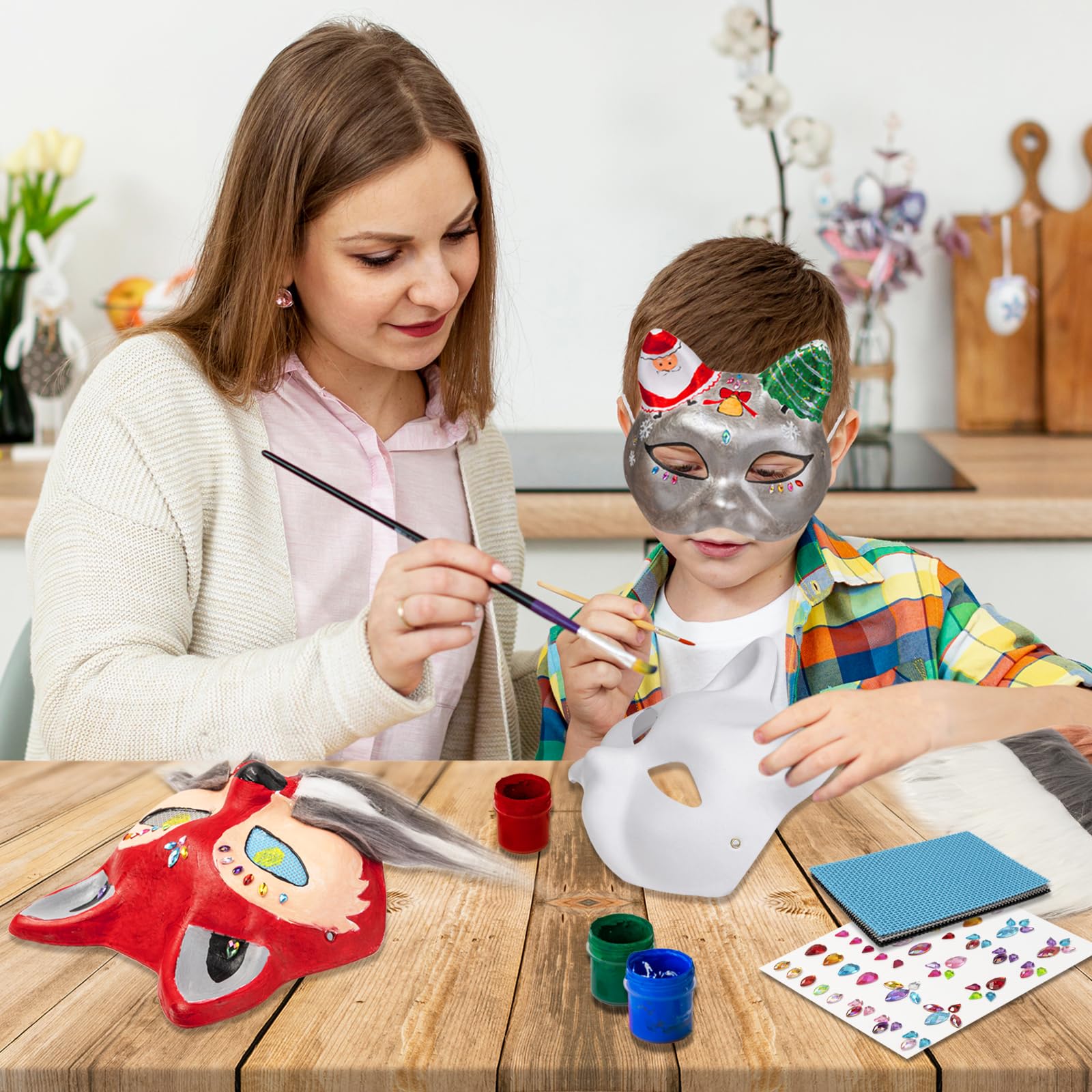 OPPKIE Cat Fox Mask 3PCS with Furs Eye Meshes and Gem Stickers, Therian Dress Up Masks to Paint, Animal Mask Arts Crafts Kit, Costume Masks for Halloween Masquerade Cosplay Party Interaction