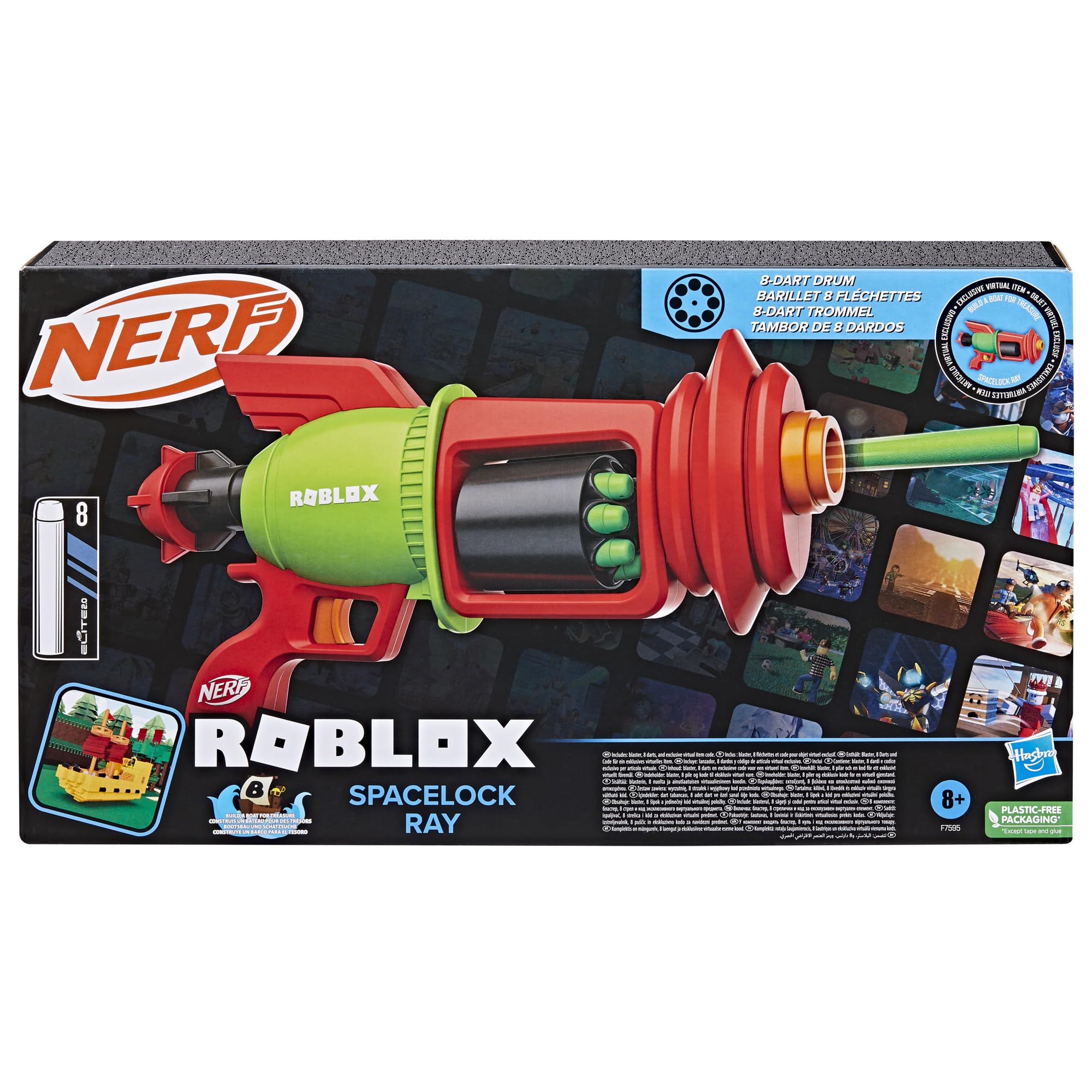 Nerf Roblox Build A Boat for Treasure: Spacelock Ray Blaster, Includes Code to Redeem Exclusive Virtual Item, 8 Elite Darts