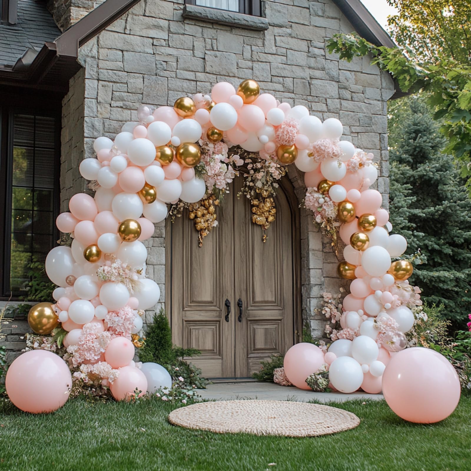 PartyWoo Pink and White Balloon Arch Kit Garland 140 pcs Different Sizes of 18 12 10 5 Inch Light Pastel Pink Metallic Gold Confetti and White Balloons for Baby Shower Birthday Party Decorations