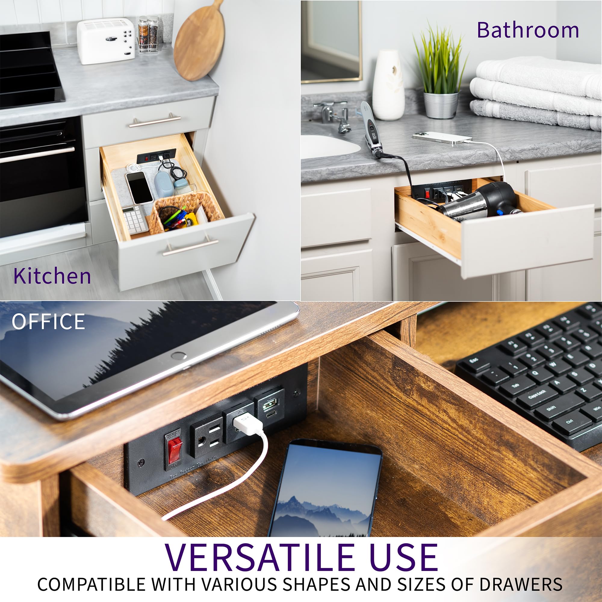 Life Finds Compact in-Drawer Charging Station Power Strip with 2 USB-A, 2 USB-C, AC Outlet, Black, LF-DOC1
