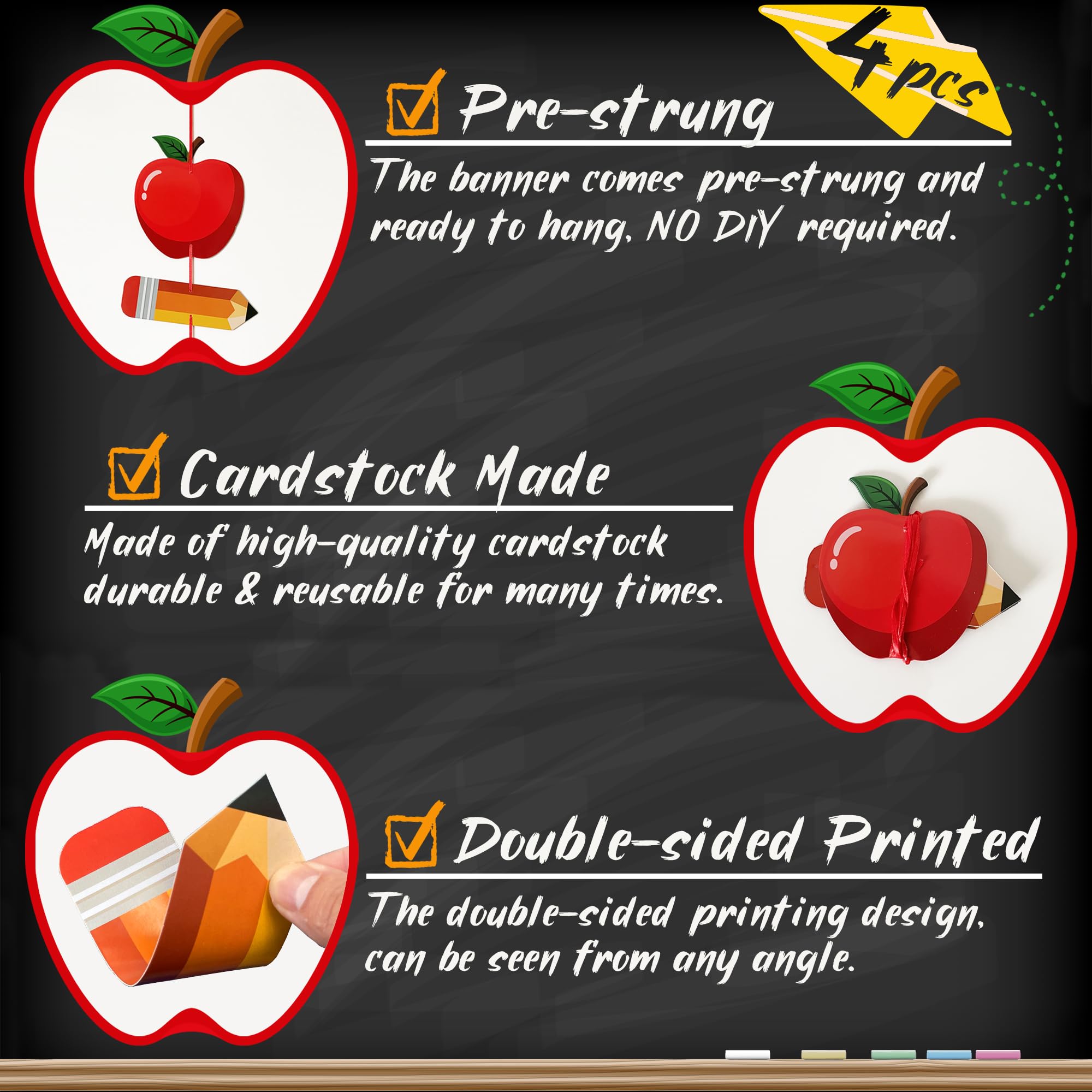 Uniwish 4 Strings Pencil Apple Garland Banner Welcome Back to School Decorations for Classroom Office Photo Props First Day of School Decorations Classroom Decor