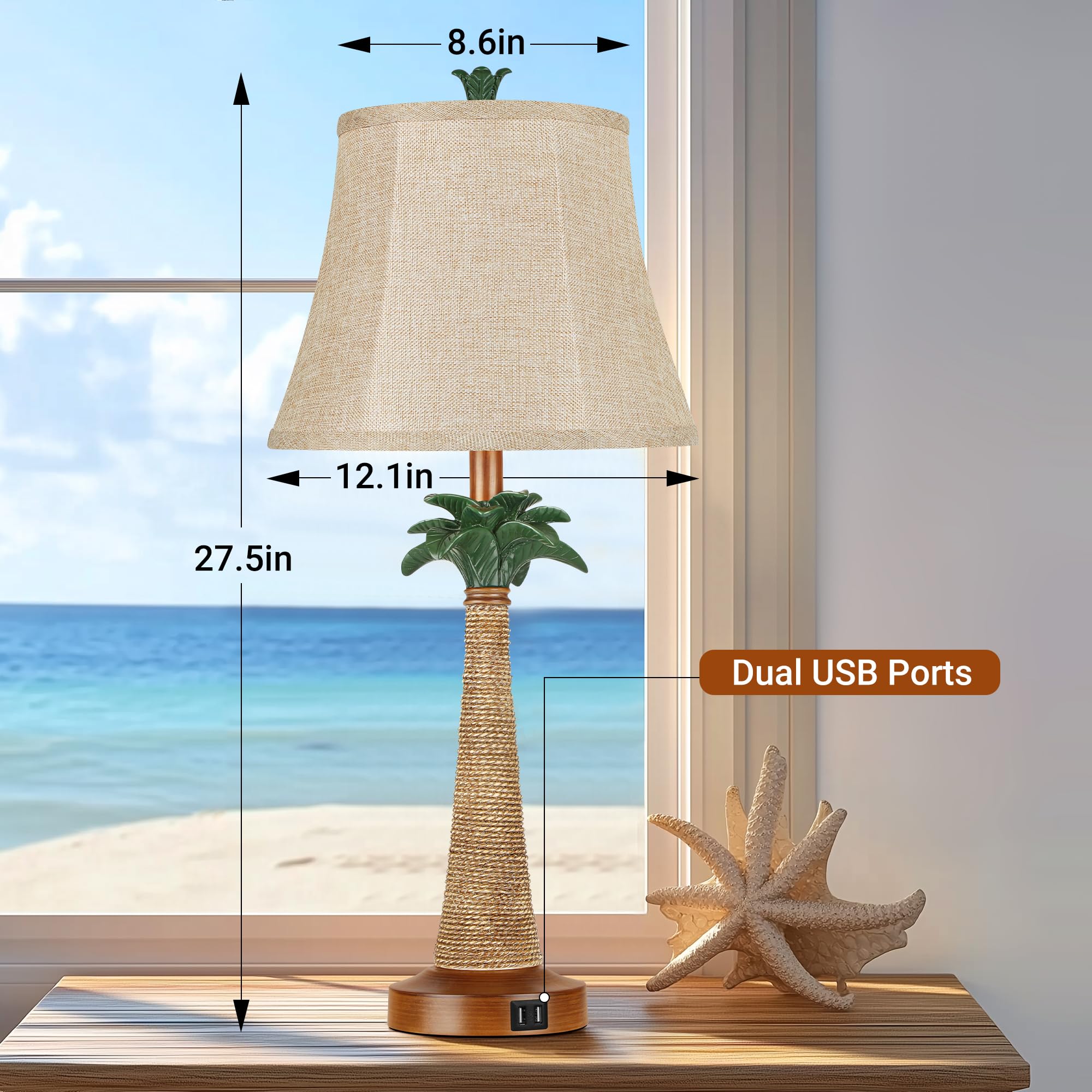 Set of 2 Coastal Palm Tree Table Lamps with 2 USB Ports for Living Room Beach Nautical Bedside Lamps for Bedroom Tropical Nightstand Lamps for Home Decor
