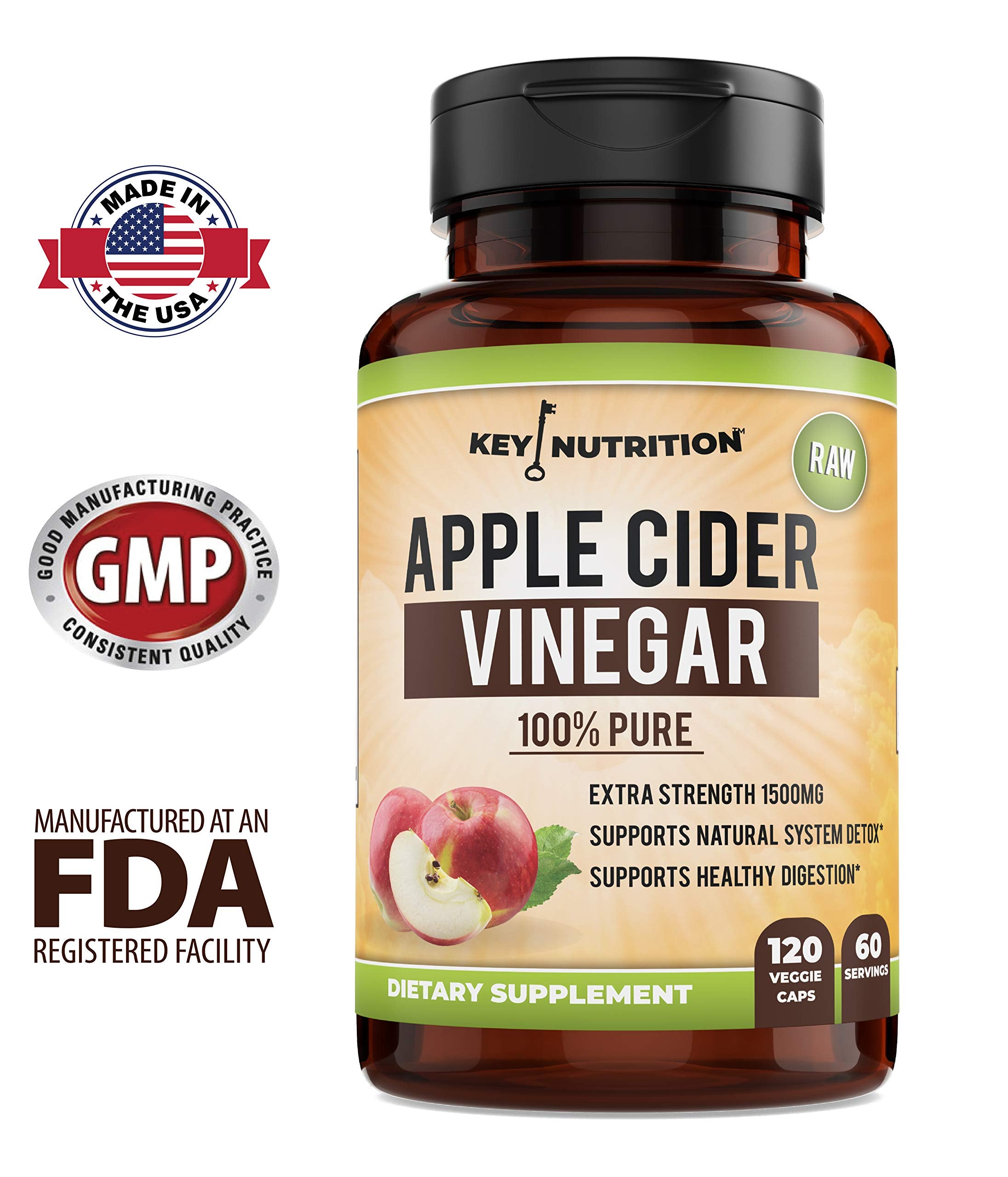 Key Nutrition Apple Cider Vinegar 1500mg, 100% Organic, Pure & Raw - Healthy Digestion & Detox Support - 60 Day Supply