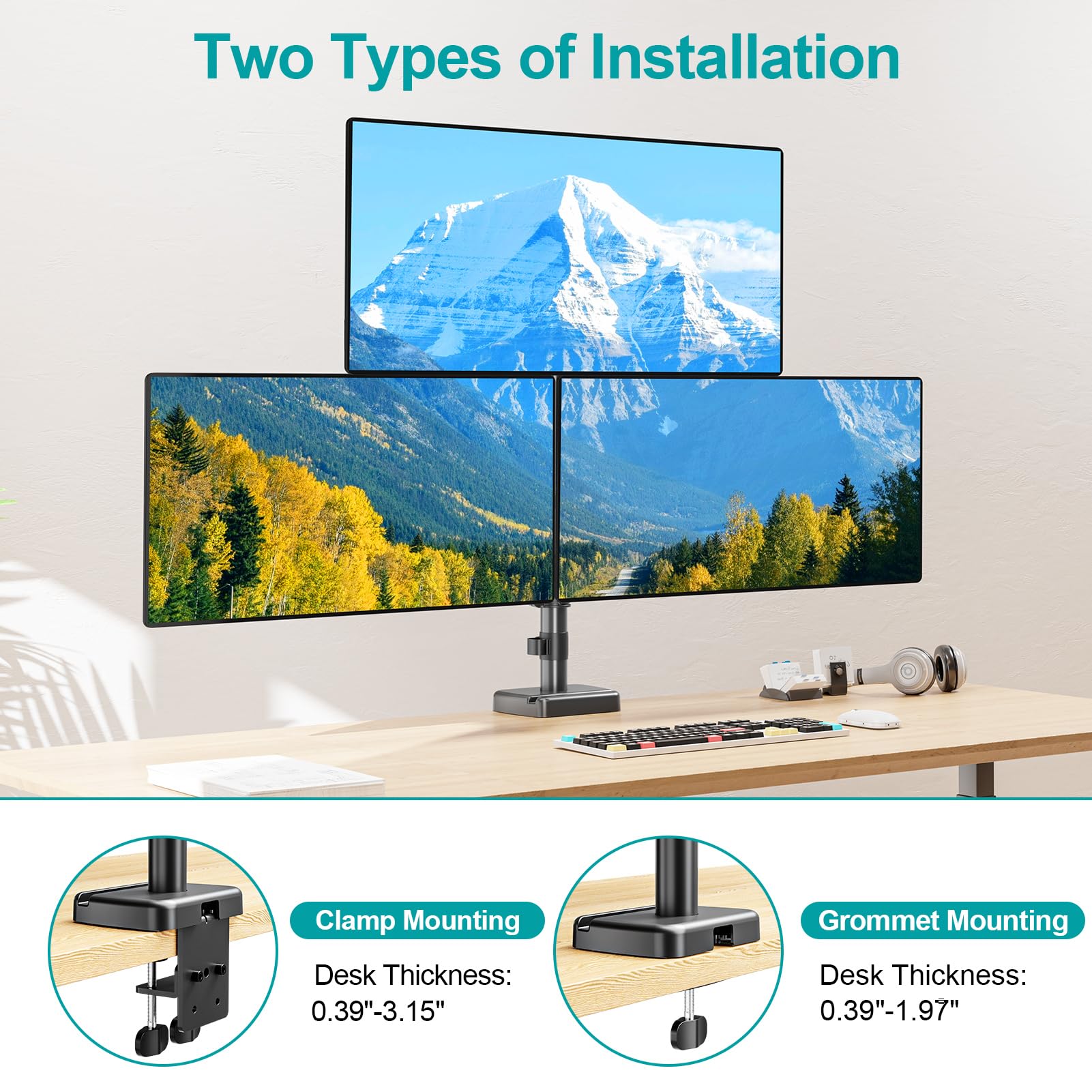 MOUNT PRO Triple Monitor Mount for Max 32" Computer Screen, Adjustable 3 Monitor Desk Mount, up to 17.6lbs Each, Gas Spring Monitor Arm with Tilt Swivel Rotation, VESA Mount 75x75/100x100mm