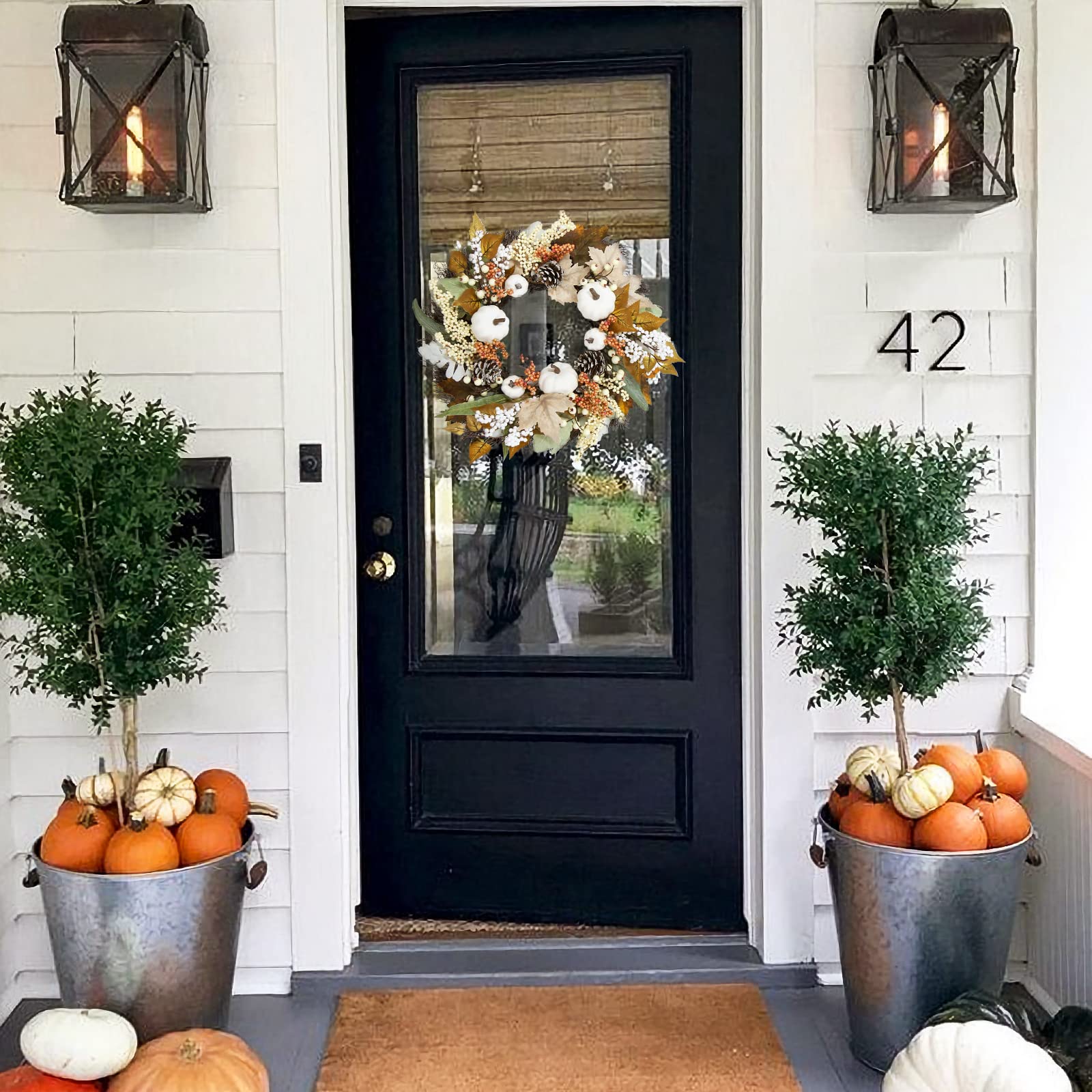 Fall Decor - Fall Decorations for Home - 18 Inch Autumn Maple Leaf Pumpkin Pine Cone Berry Wreath - Fall Wreath for Thanksgiving Halloween Farmhouse Harvest Front Door Outdoor Indoor Window Wall