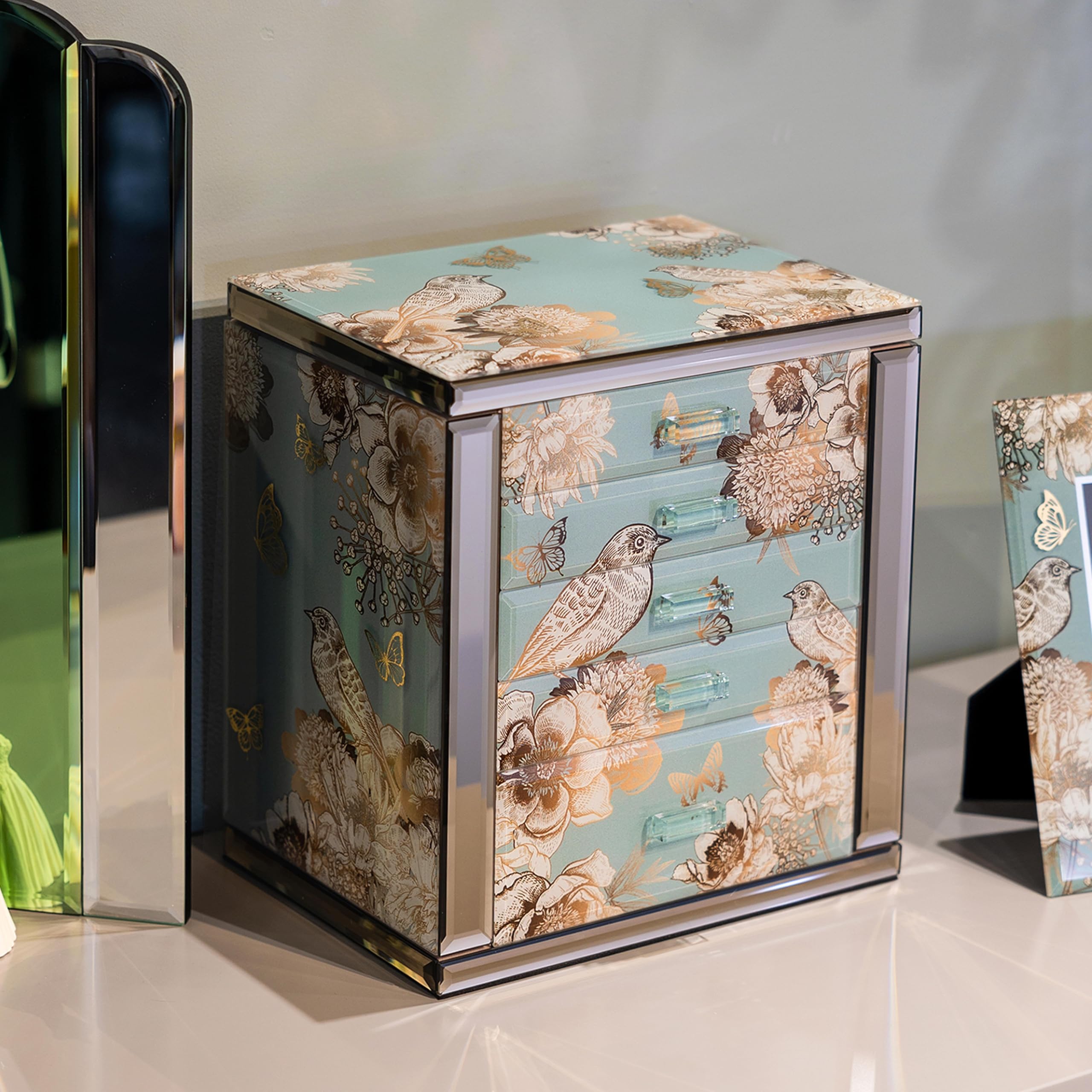 Homruilink High End Glass Jewelry Box, 5 Layer Jewelry Organizer for Women, Side Doors & Mirror, Velvet-Lined Storage for Rings & Necklaces, Fathers Day Gift for Dad (Bird & Floral)