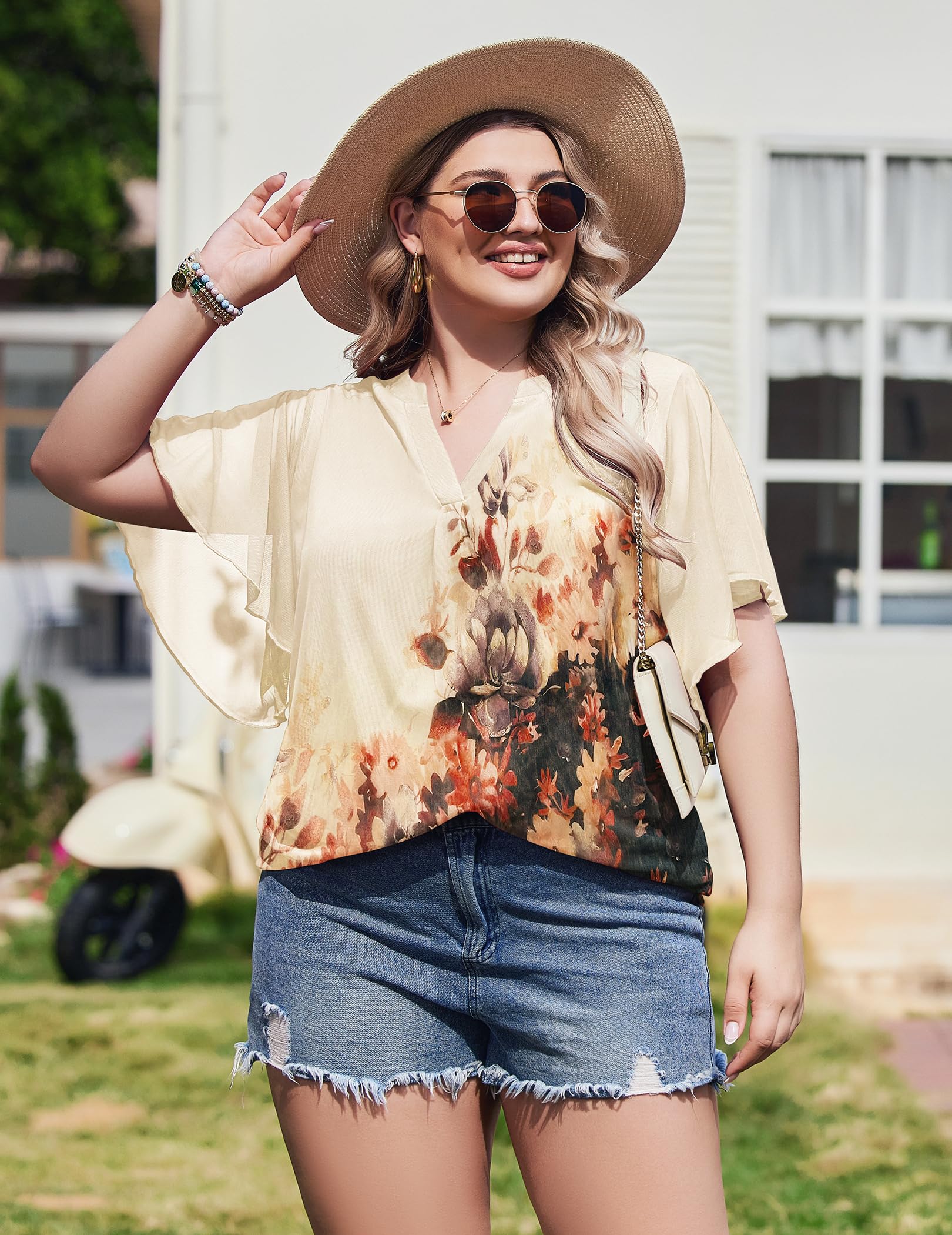IN'VOLAND Plus Size Short Sleeve Tops for Women Ruffle V Neck Mesh Blouses Flowy Shirt Floral Double Layers Tunics 22W