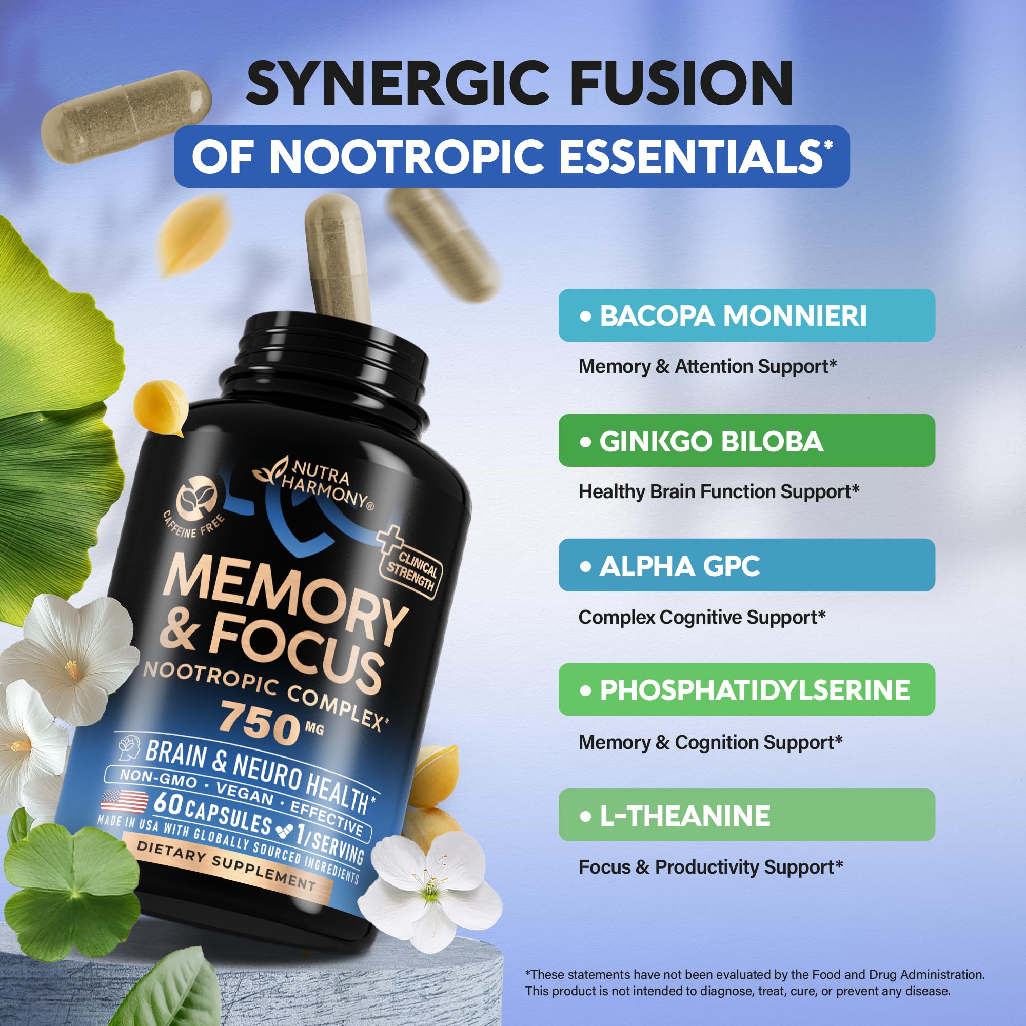 Brain Supplement for Memory & Focus 750 mg - Magnesium | L-Theanine | Bacopa Monnieri | Ginkgo Biloba | Lions Mane - 12in1 Nootropic Complex for Neuro Health - Caffeine-free - Made in USA, 60 Capsules