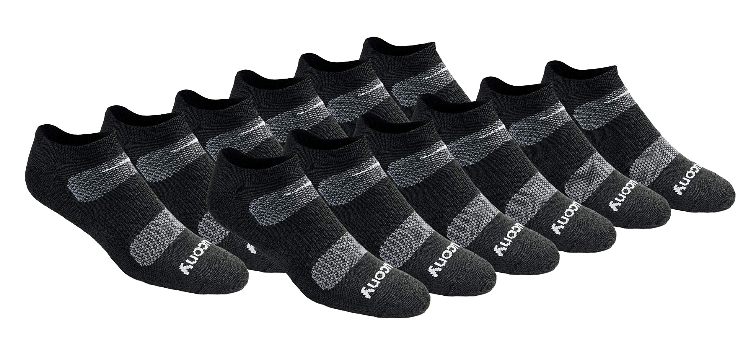 Saucony Men's RunDry Mesh Ventilating Comfort Fit Performance No-Show Socks, Available in M-XXL (6, 18, Black Basic (12 Pairs), Medium