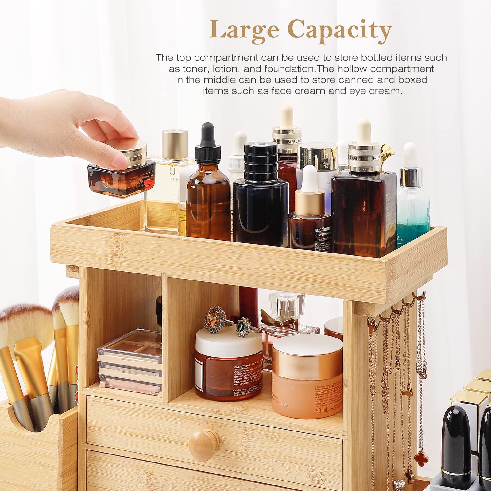 Homde Bamboo Makeup Organizer Cosmetic Jewelry Storage Organizer Multi-Function Make up Box Stand for Vanity, Desk, Bathroom, Bedroom with Hooks,Drawer,Silicone Lipstick Holder