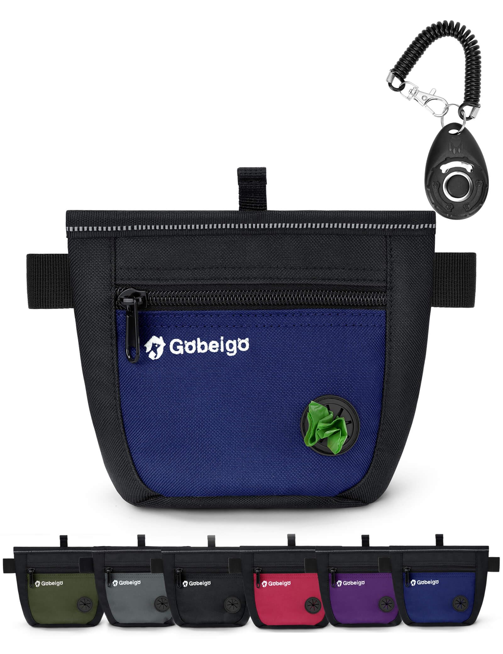 Gobeigo Dog Treat Pouch and Training Clicker, Upgrade Two Magnetic Closure to Prevent Spills, 2 Cup Treat Bag with Poop Bag Dispenser, Metal Clip Waist Belt Fanny Pack for Pet Walk (Black/Blue)