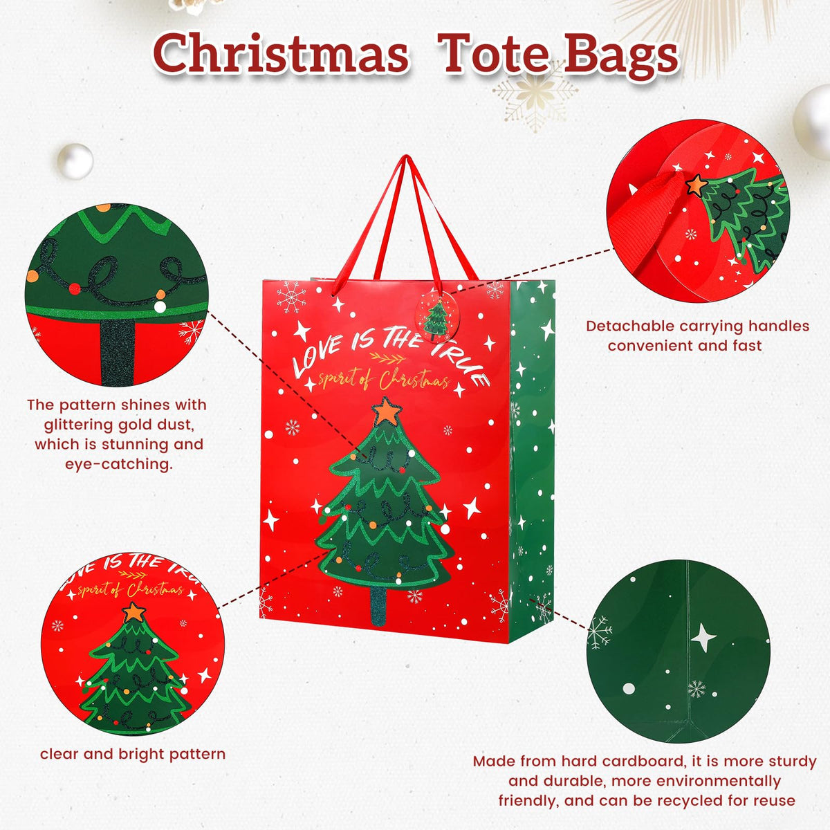 6 PCS Christmas Gift Bags, Christmas Tote Bags with Handles, Assorted Sizes Multifunctional Non-Woven Treat Bags for Gifts Wrapping Shopping, Xmas Party Supplies (2 Large 13", 2 Medium 9", 2 Small 6")