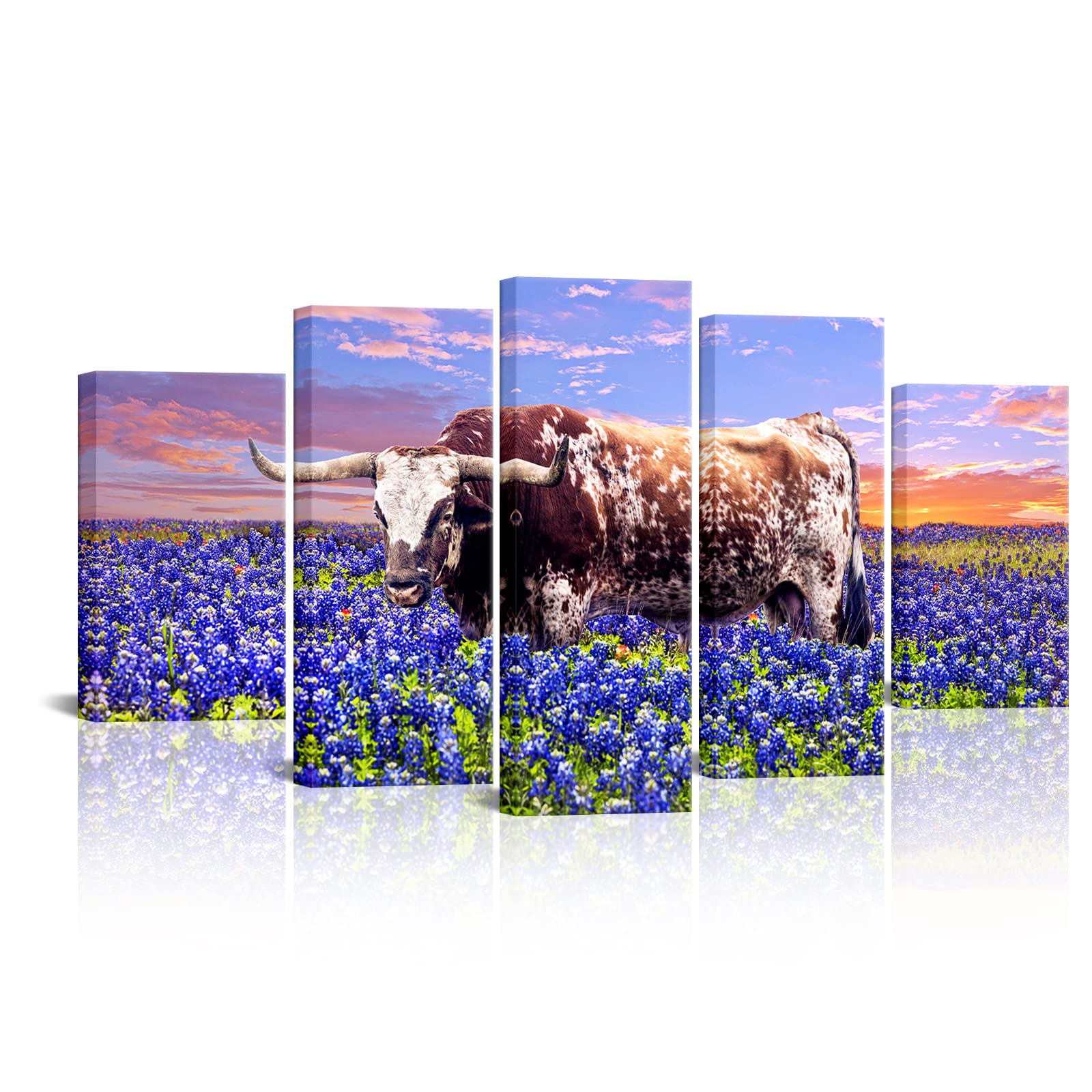 RyounoArt Lonhorn Canvas Wall Art Texas Bluebonnet Field Painting Pictures Texas Farm Artwork for Home Living Room Office Wall Decor Ready to Hang