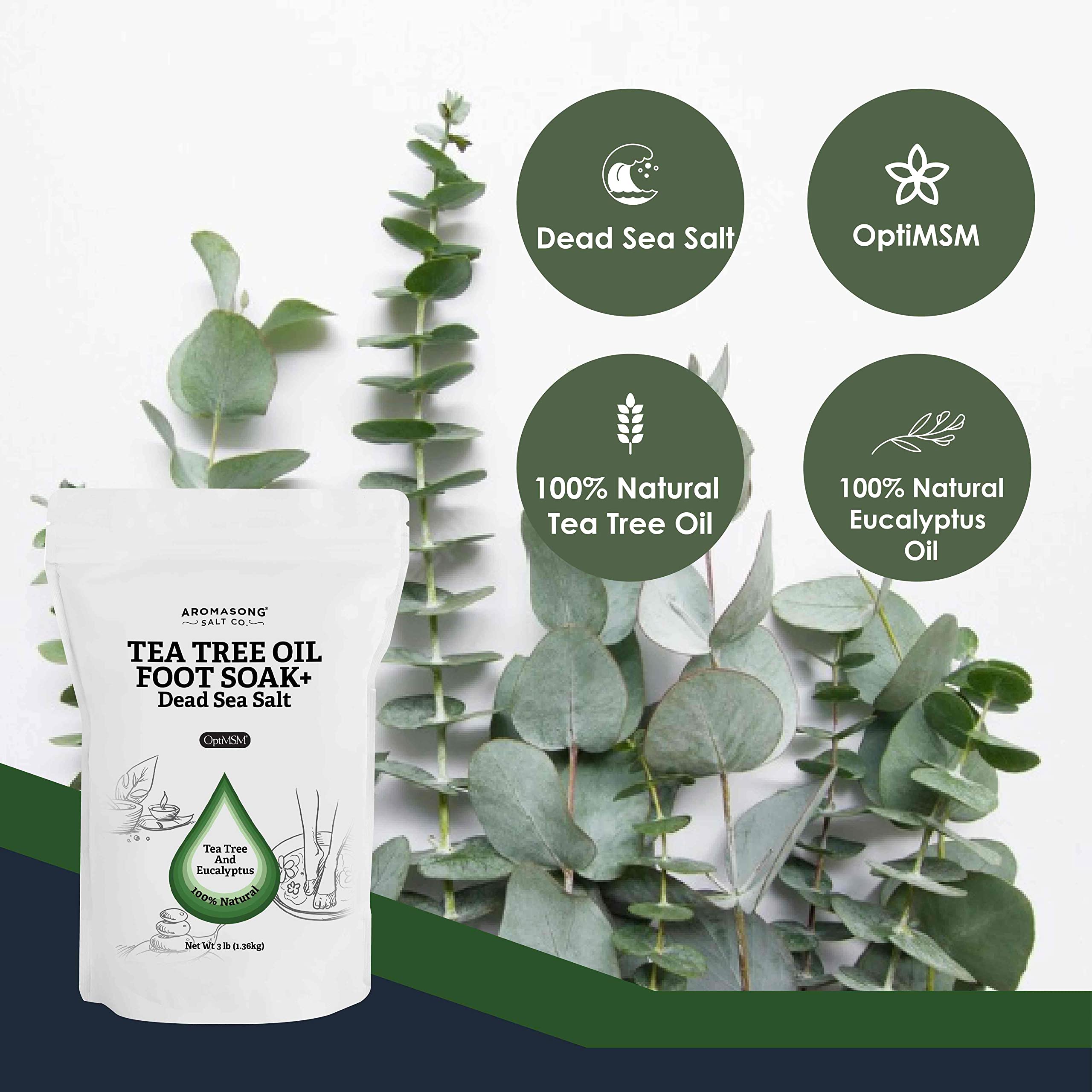 Aromasong Tea Tree Foot Soak with Magnesium Flakes and Dead Sea Foot Soaking Salts - Pedicure Tea Tree oil foot Soak for Dry Cracked Feet-Athlete's Callus Remover- Eliminates Odor- Packaging may vary