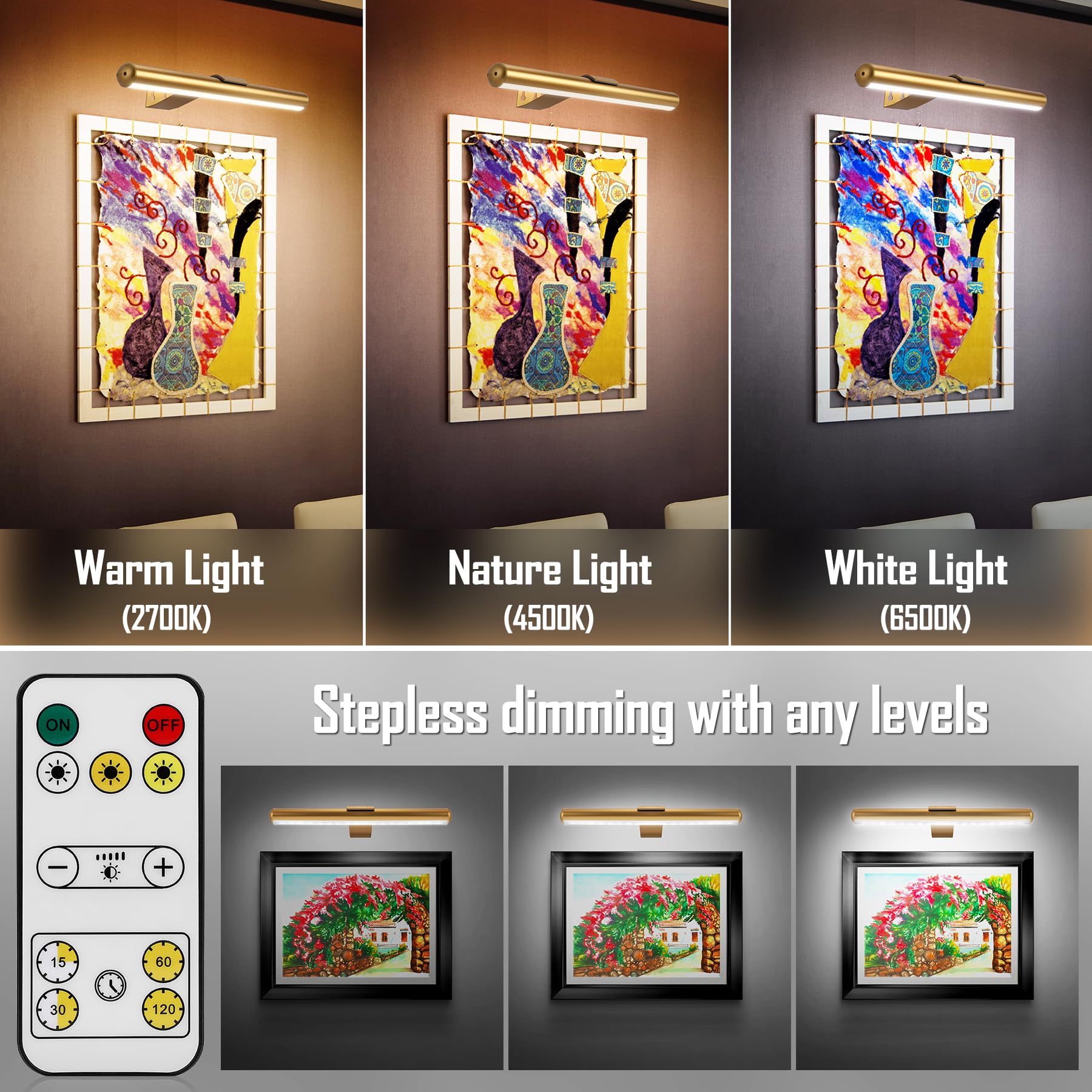 TINTINDOC 2-Pack Picture Light with Remote 6000mAh Rechargeable Battery Operated,Painting Light Full Metal Art Light for Wall Light,Dimmable Timer Off Display 400lm 13.5'' for Gallery -Brass