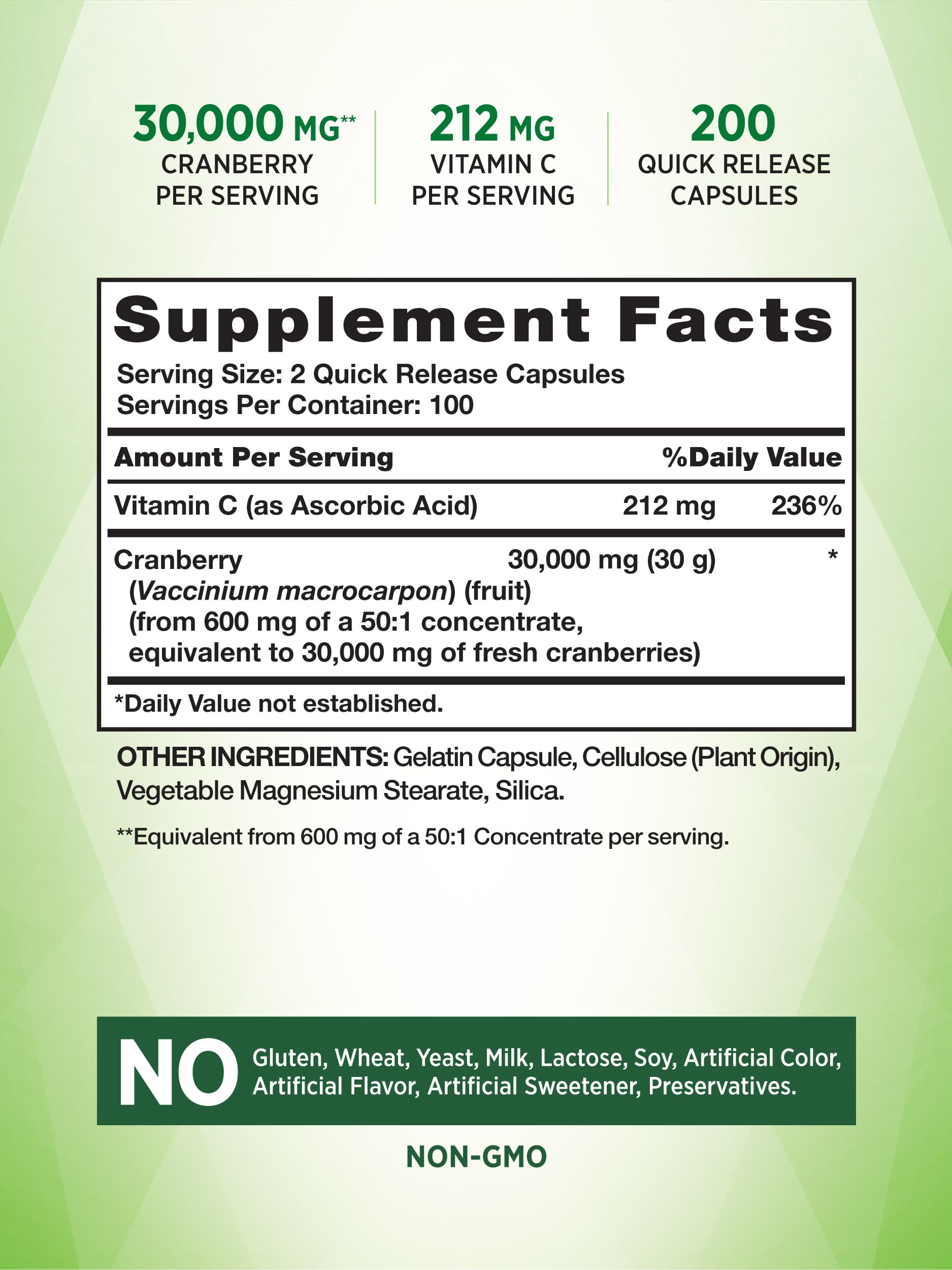 Nature's Truth Cranberry Concentrate plus Vitamin C Pills | 30,000mg | 200 Quick Release Capsules | Non-GMO & Gluten Free Supplement