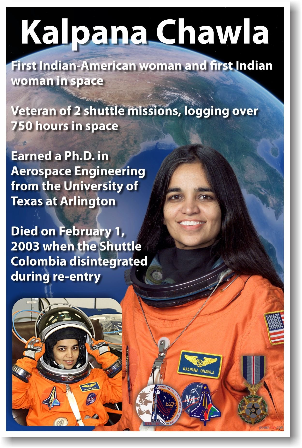 Astronaut Kalpana Chawla - First Indian American Woman in Space - NEW NASA Poster