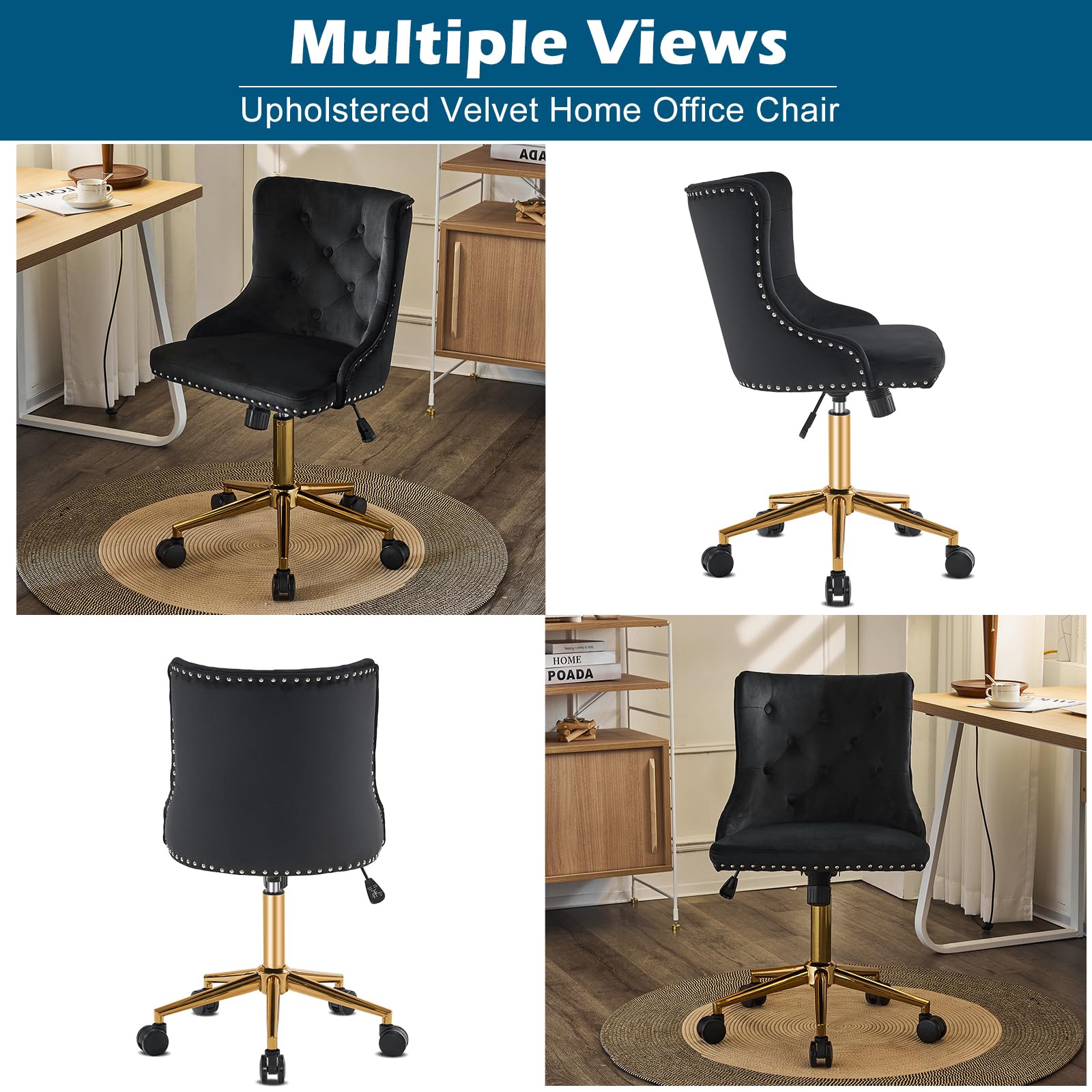 VINGLI Black Velvet Armless Home Office Desk Chair with Gold Base/Wheels, Small Cute Vanity/Makeup Chair with Back for Bedroom, Upholstered Adjustable Rolling Swivel Nail Chair for Women/Girls