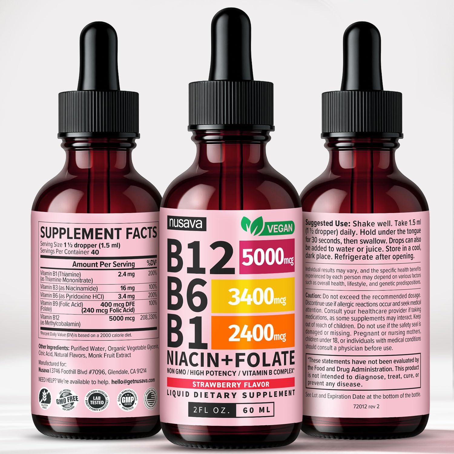 (2 Pack) Vitamin B12 and B6 Liquid Drops, B12 Sublingual Vitamin B Complex - B 12 Vitamin 5000mcg - B12 Methylcobalamin for Energy, Brain, and Heart Support with 27,200 mcg, Strawberry, 80 Servings
