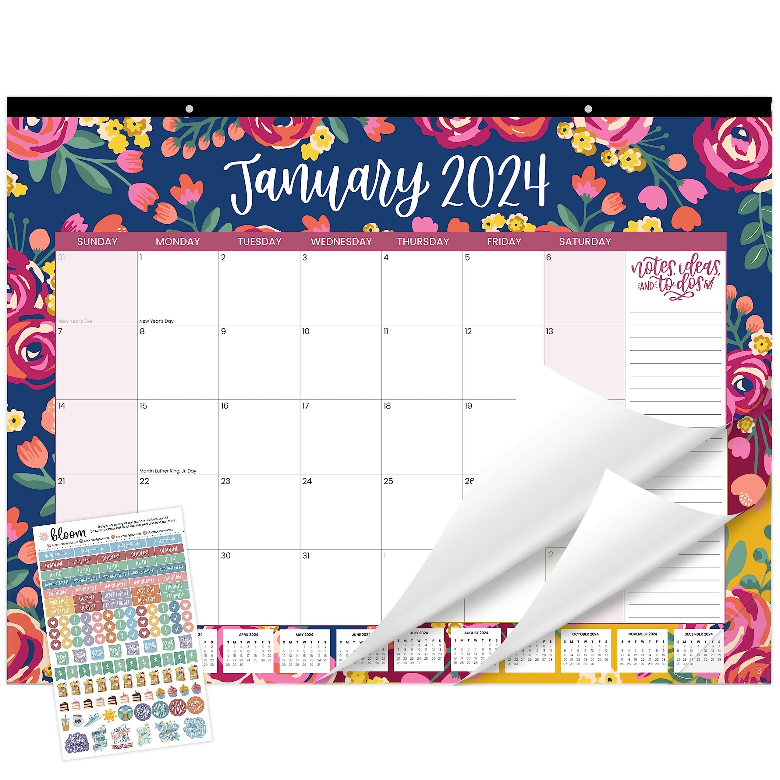bloom daily planners 2024 Desk Calendar - 21" x 16" Large Monthly Organizer Pad with Stickers (January 2024 - December 2024) Wall Hanging or Desktop Blotter - Vintage Floral