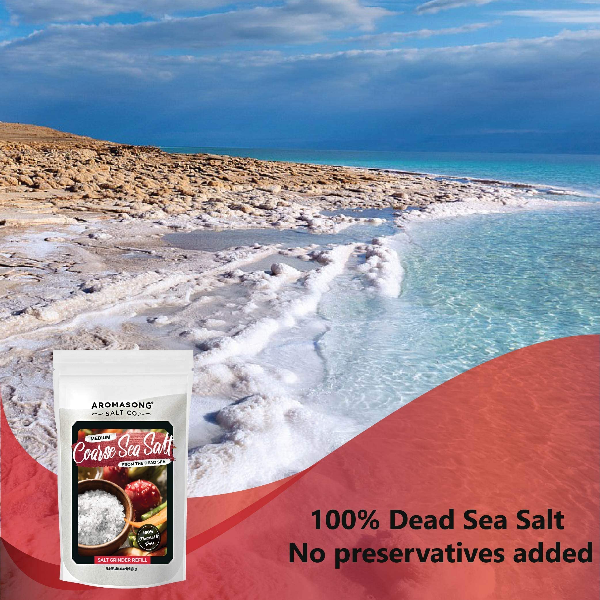 Aromasong 100% Natural Sea Salt Coarse Grain 2.43 LB with Fine Grain Sea Salt 2.43 LB from the Dead Sea, Unrefined, Gluten Free, Grinder Refill, Pure Sea Salt for Daily Cooking & Pickling Salt