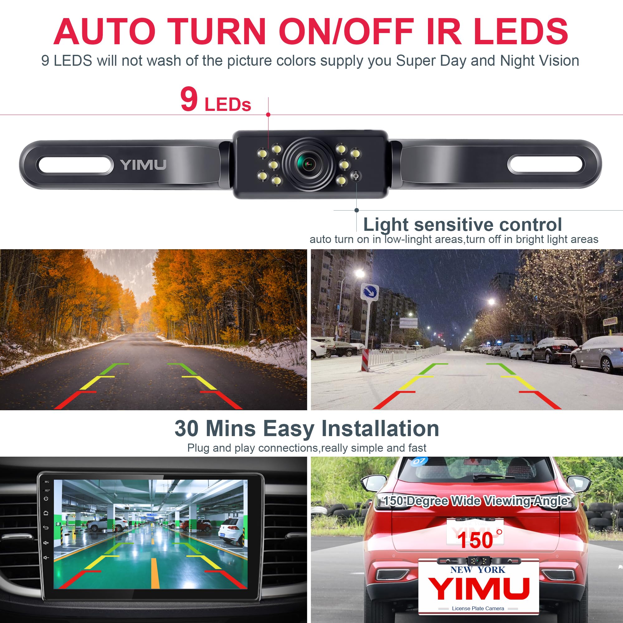 YIMU Car Backup Camera, License Plate Camera with 9 LED Lights Rear Camera, HD Night Vision Rear View Camera,Wide View Angle, IP69K Waterproof Reverse vehicle Camera for Cars,SUV,Trucks,RV, Pickup