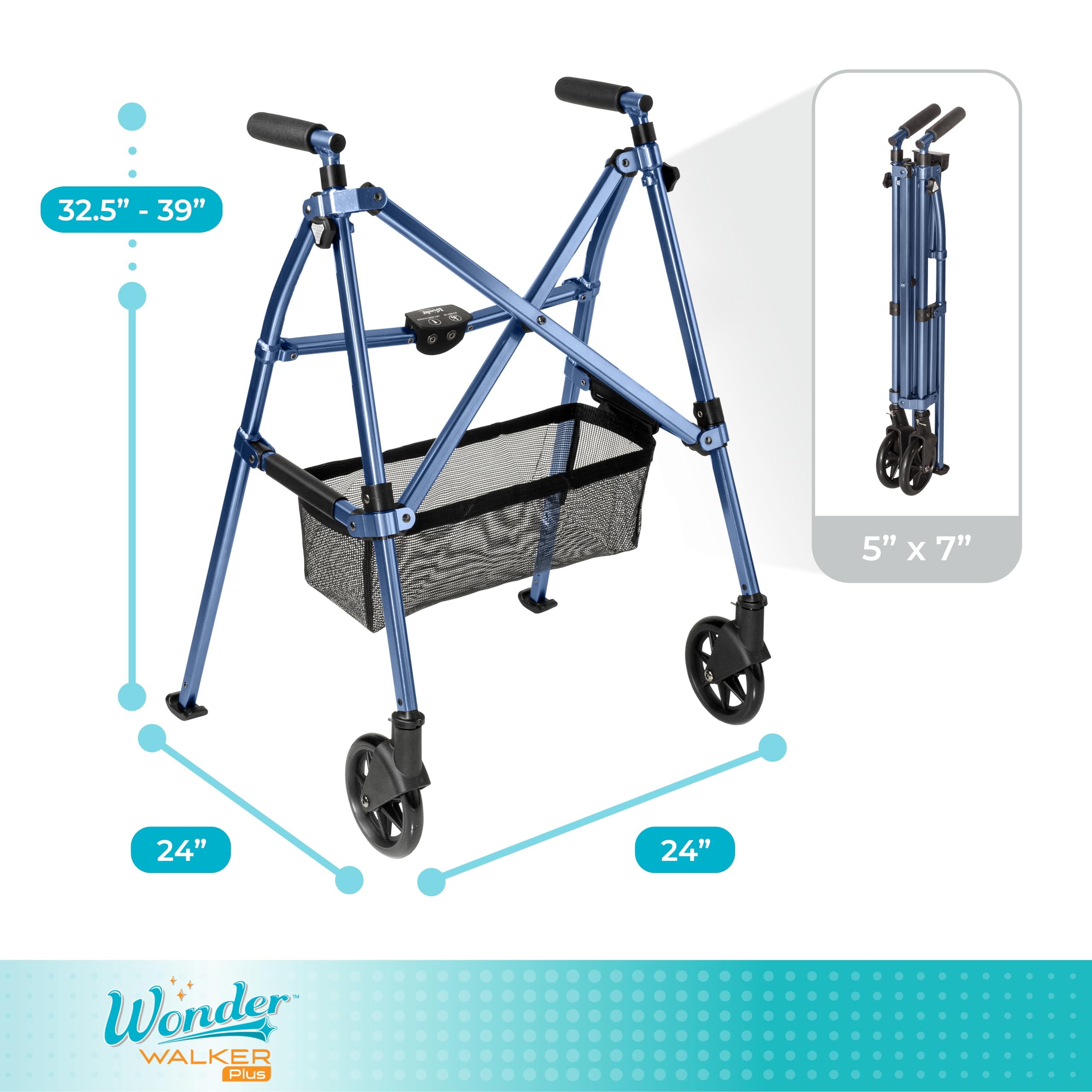 Stander Wonder Walker Plus, Lightweight Folding Mobility Aid for Adults, Seniors, and Elderly, Collapsible Travel EZ Fold-N-Go with Wheels, Glides, & Basket, Cobalt Blue