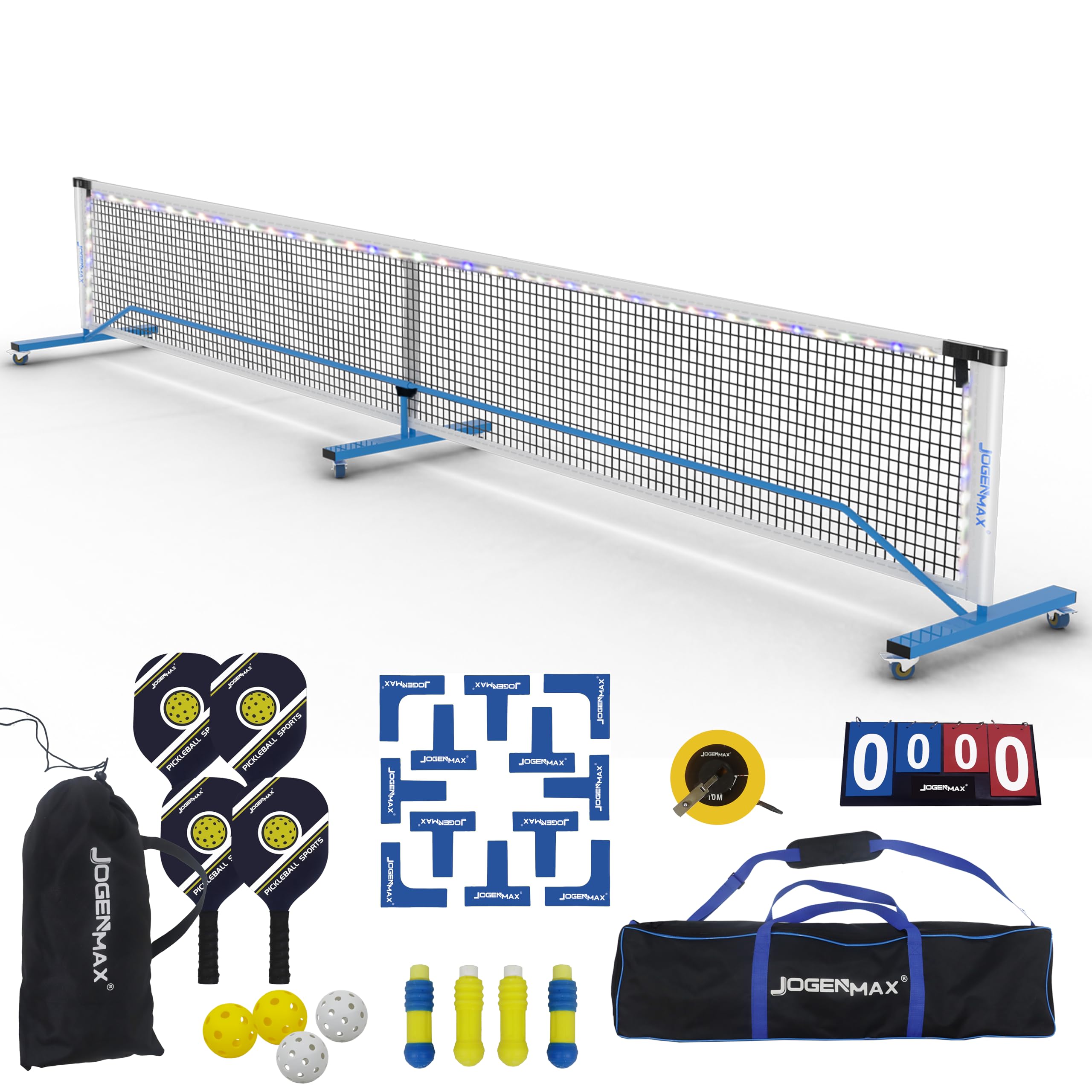 JOGENMAX Portable Pickleball Net System with lockable Wheels, Metal Frame Pickleball Court with LED light, Regulation Size Net with Durable Carrying Bag, and 4 Pickleball Rackets.