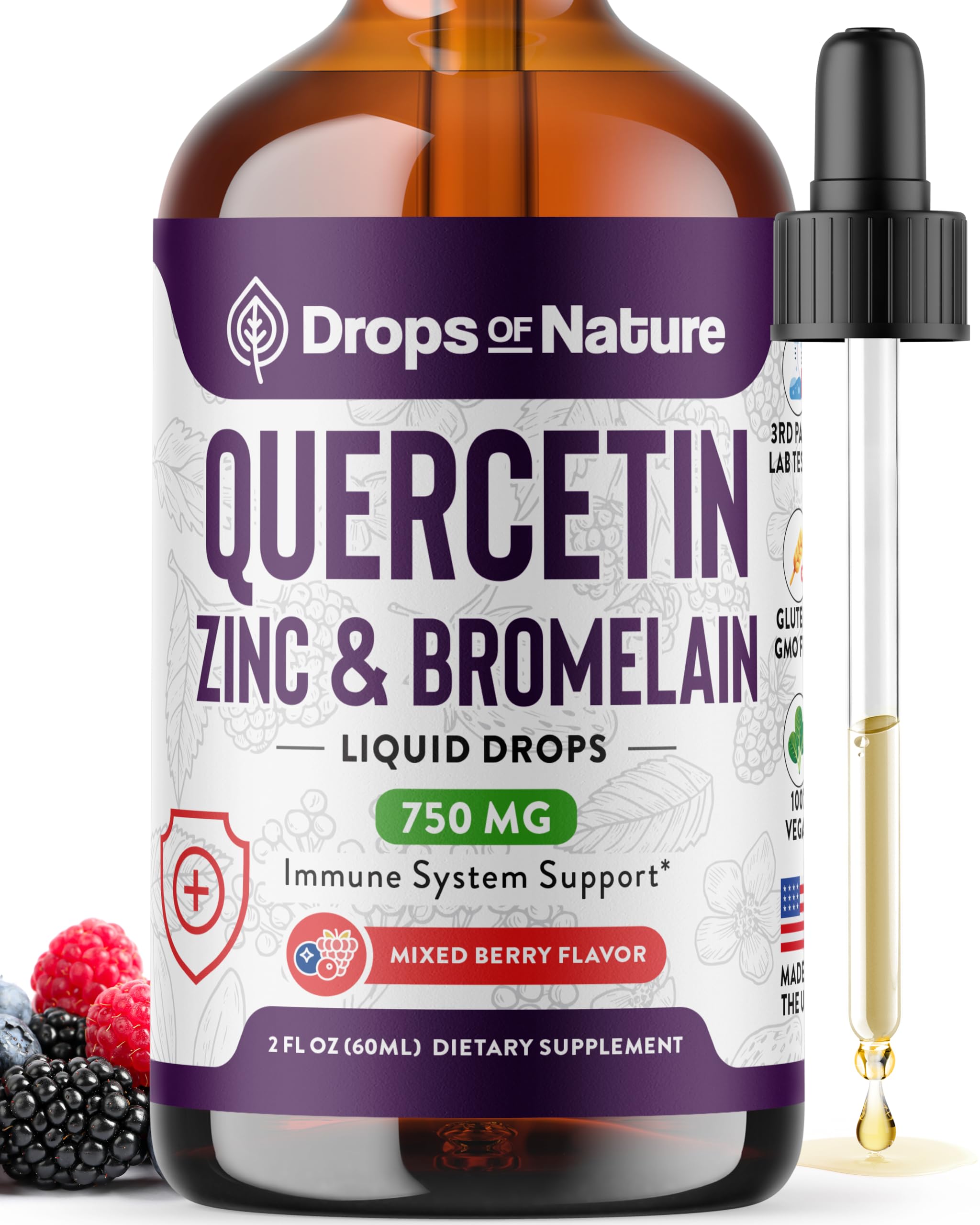 Quercetin with Bromelain & Zinc (5mg) Liquid Drops – Immune Support for Adults & Kids – Ultra-Concentrated Bioflavonoids – Immune Defense – Cellular Health – Vegan, Non-GMO, Gluten Free – 2 Fl Oz