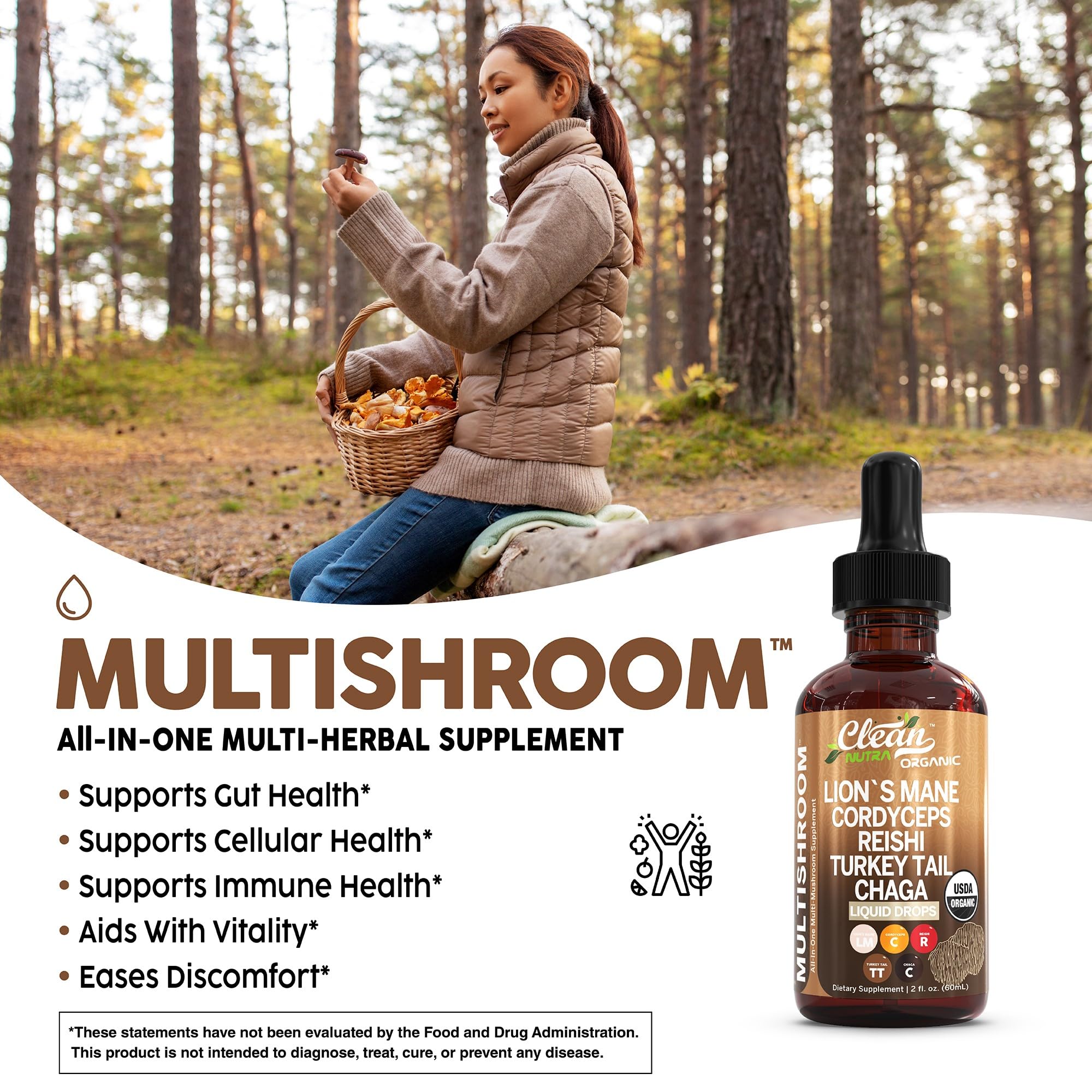 Organic Lions Mane Mushroom Supplement Liquid Drops + Turkey Tail Cordyceps Reishi Chaga Shitake Maitake Tremella Oyster Mushrooms Poria and Enokitake Complex Blend by Clean Nutra